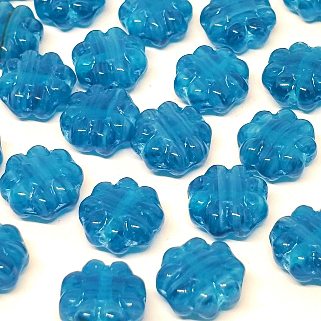 Blue Striped Czech Glass Hawaiian Flower Beads 9mm - 10pcs