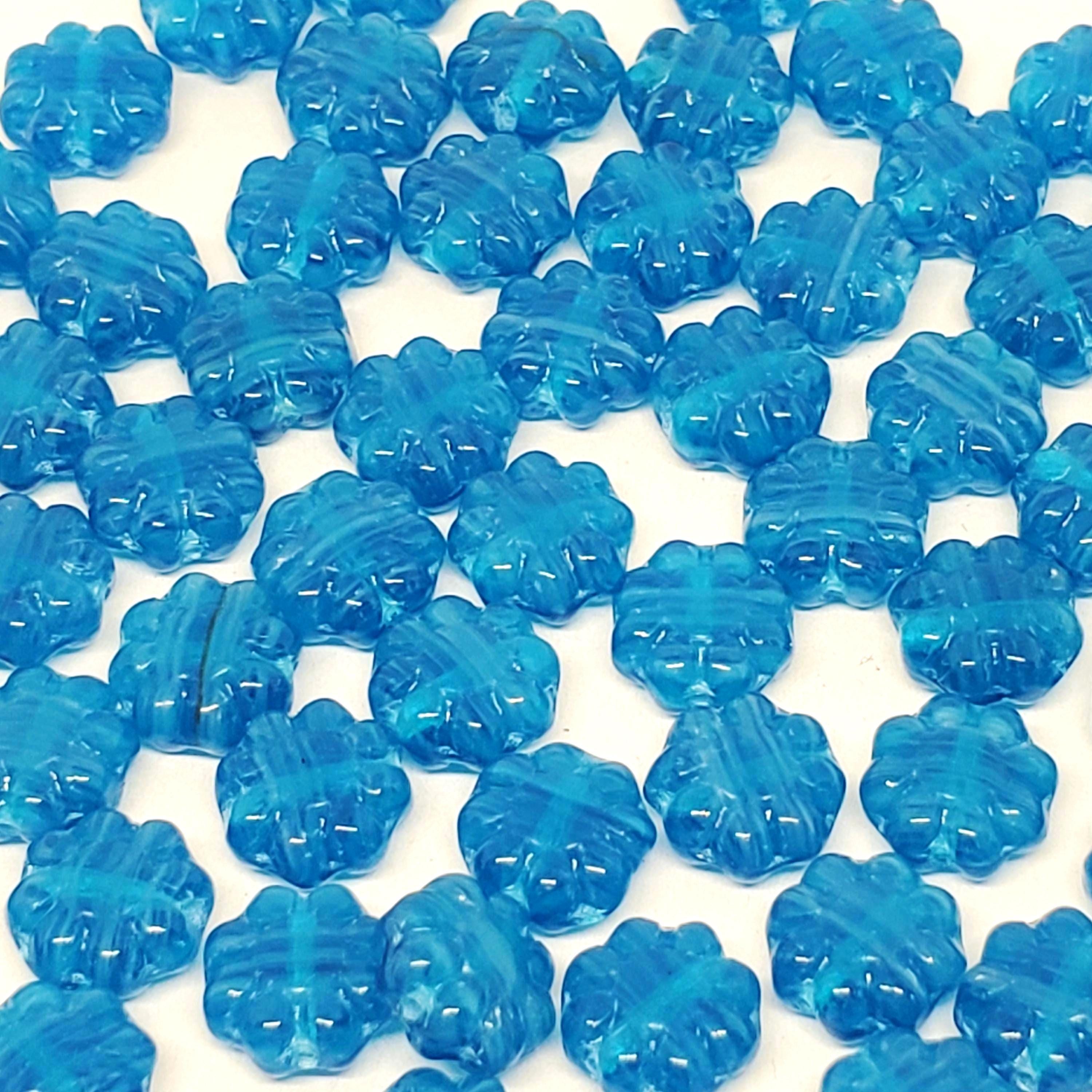 Blue Striped Czech Glass Hawaiian Flower Beads 9mm - 10pcs