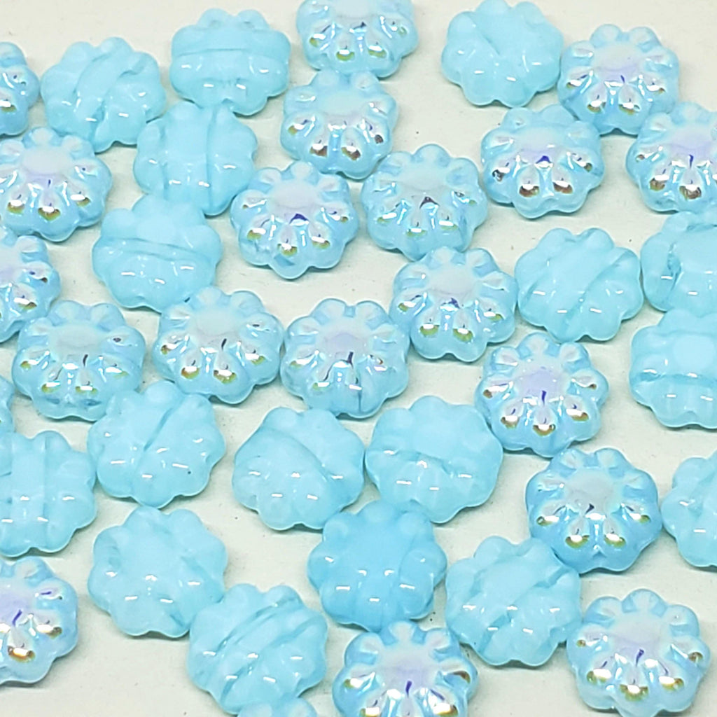 Light Blue AB Iridescent Hawaiian Flower Czech Glass Beads 9mm - 10pcs