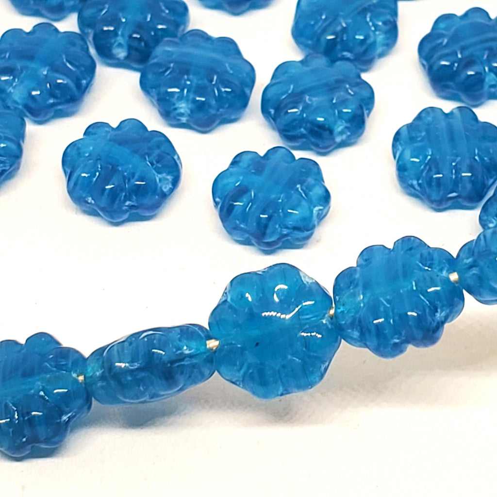 Blue Striped Czech Glass Hawaiian Flower Beads 9mm - 10pcs