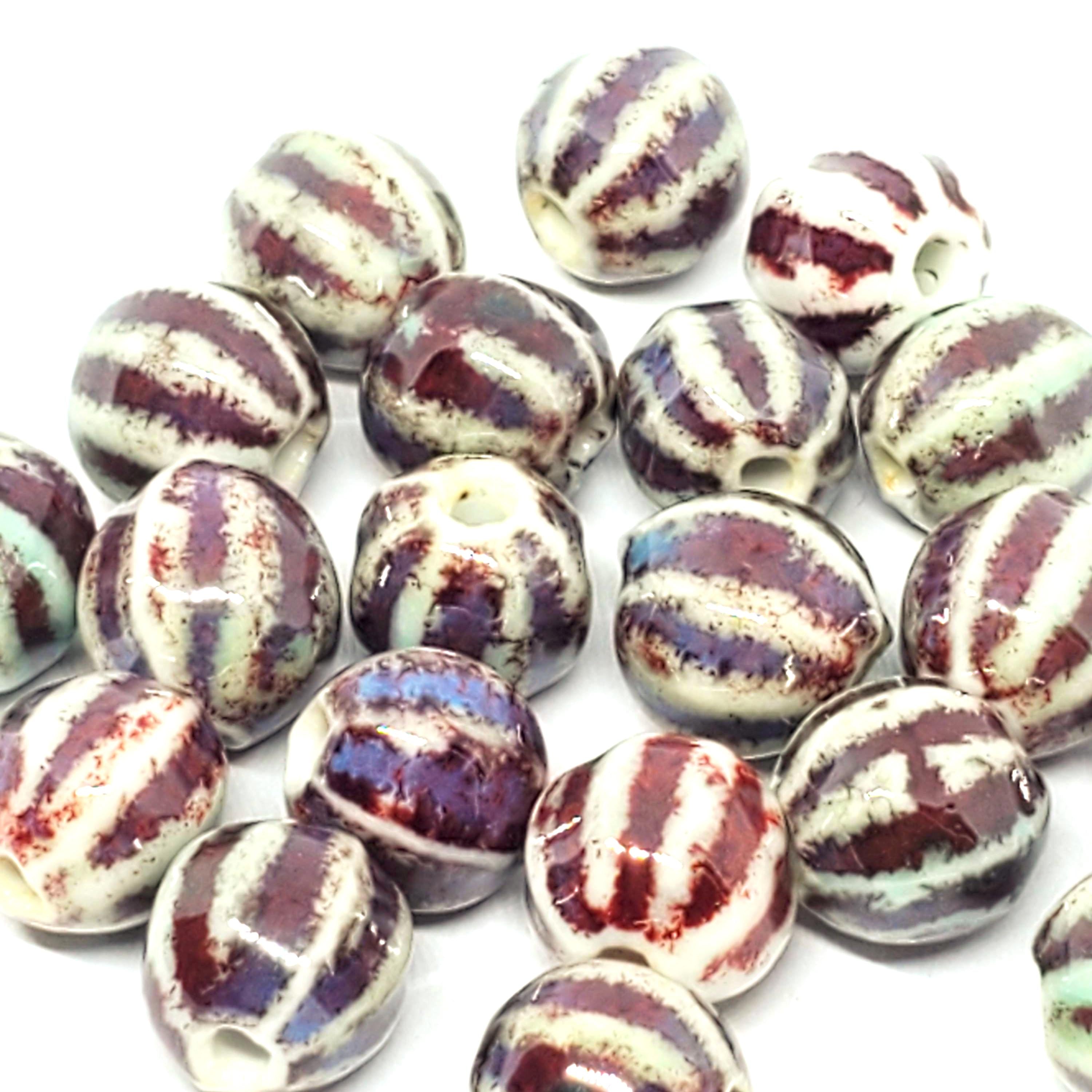 Ceramic Round Fluted White/Red Multicolour 10mm - 10pcs