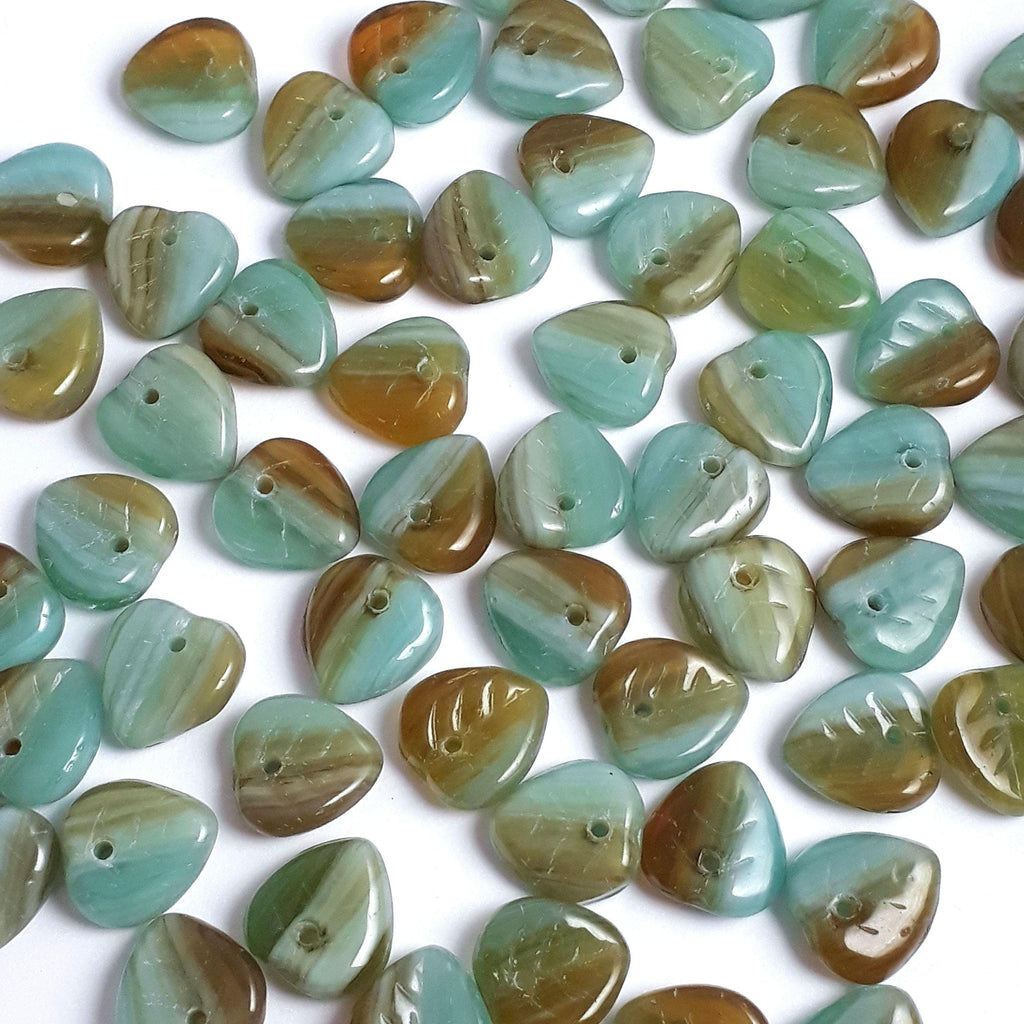 Turquoise & Brown Czech Glass Leaf 9mm - 30pcs
