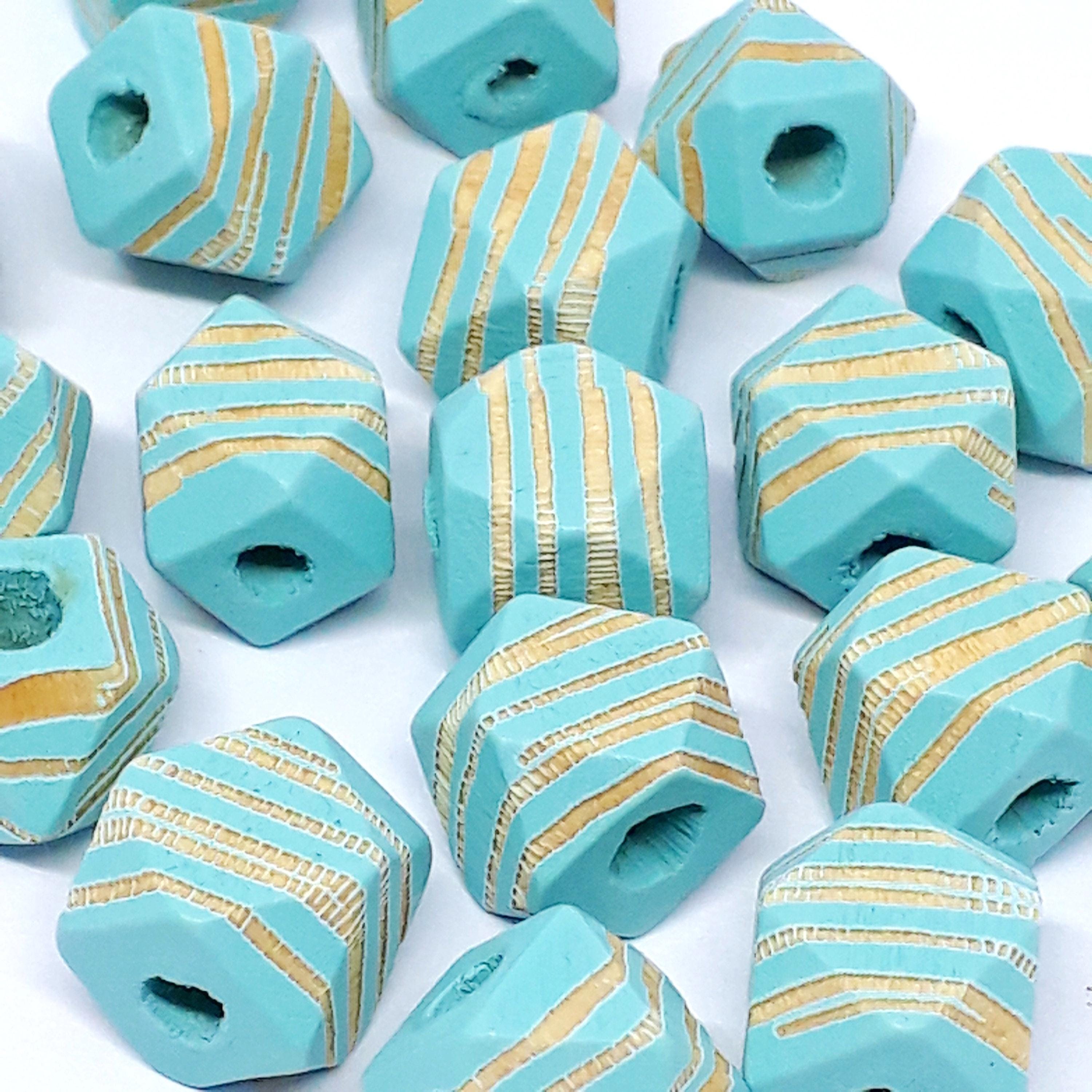 Turquoise Striped Carved Wood Polygon 10x10mm - 5pcs