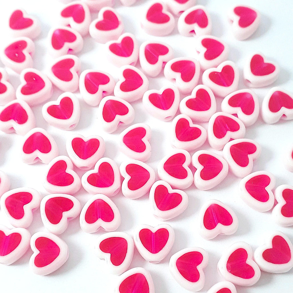 White & Hot Pink Heart Acrylic 8x7mm - 50pcs