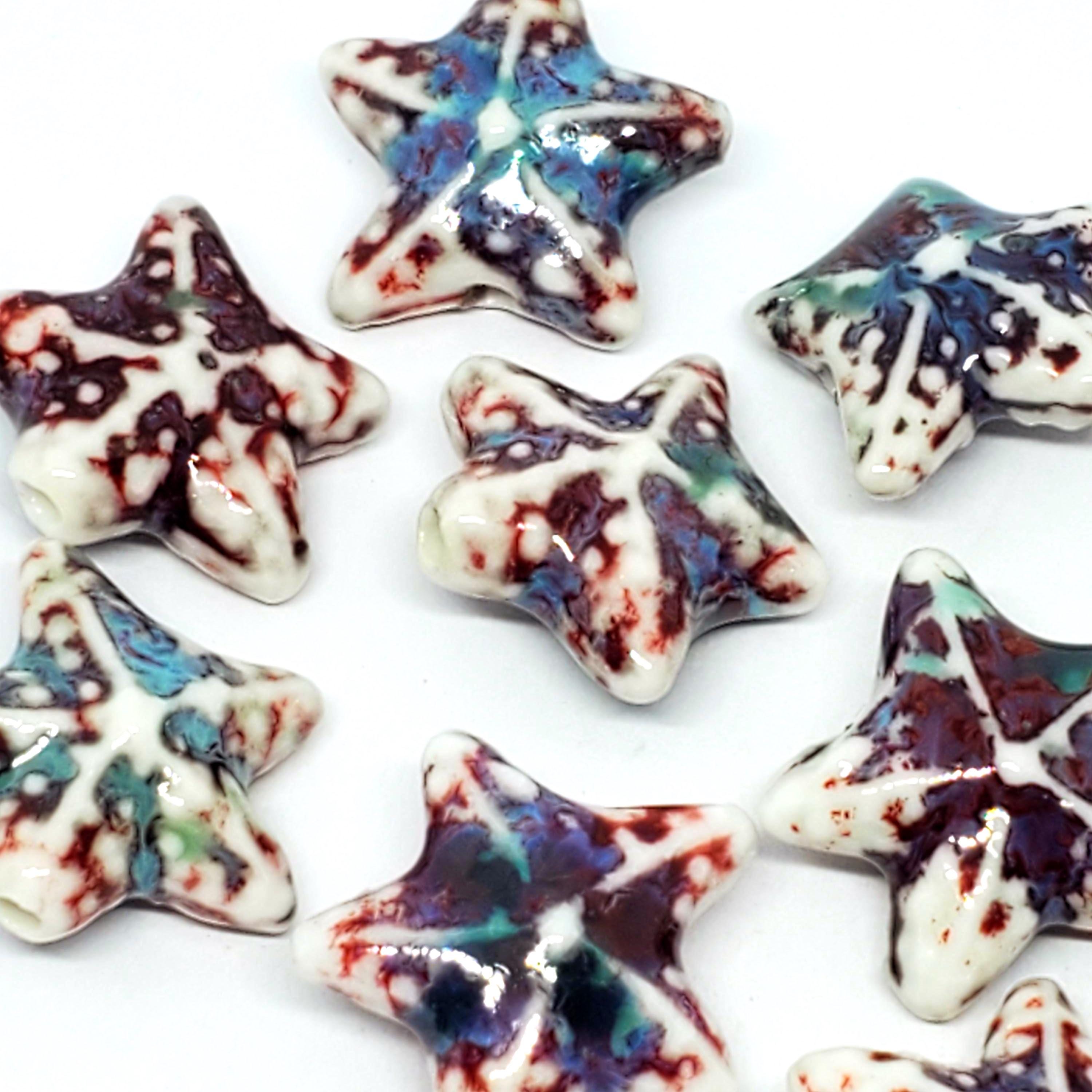 Starfish Glazed Ceramic White Multicolour 22mm - 2pcs