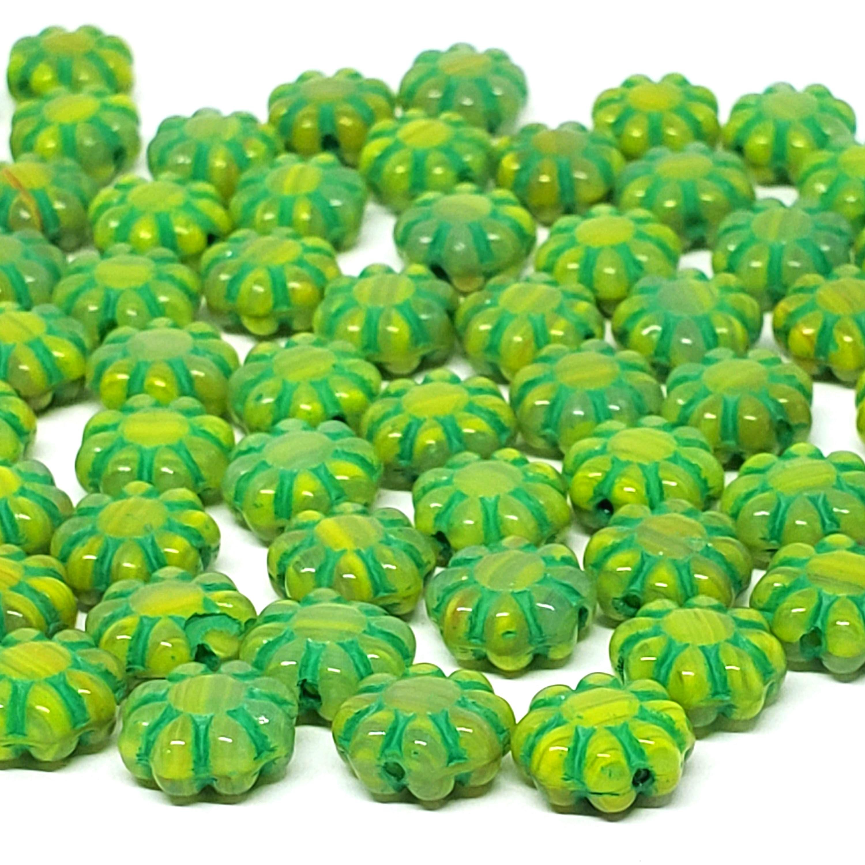 Yellow & Green Hawaiian Flower Czech Glass 9mm - 10pcs