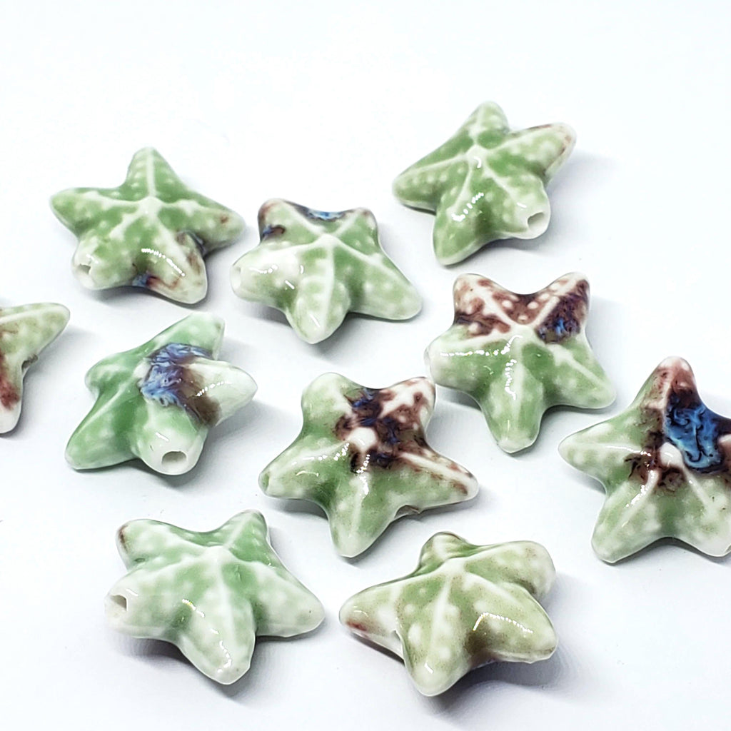 Starfish Glazed Ceramic Light Green Multicolour 22mm - 2pcs
