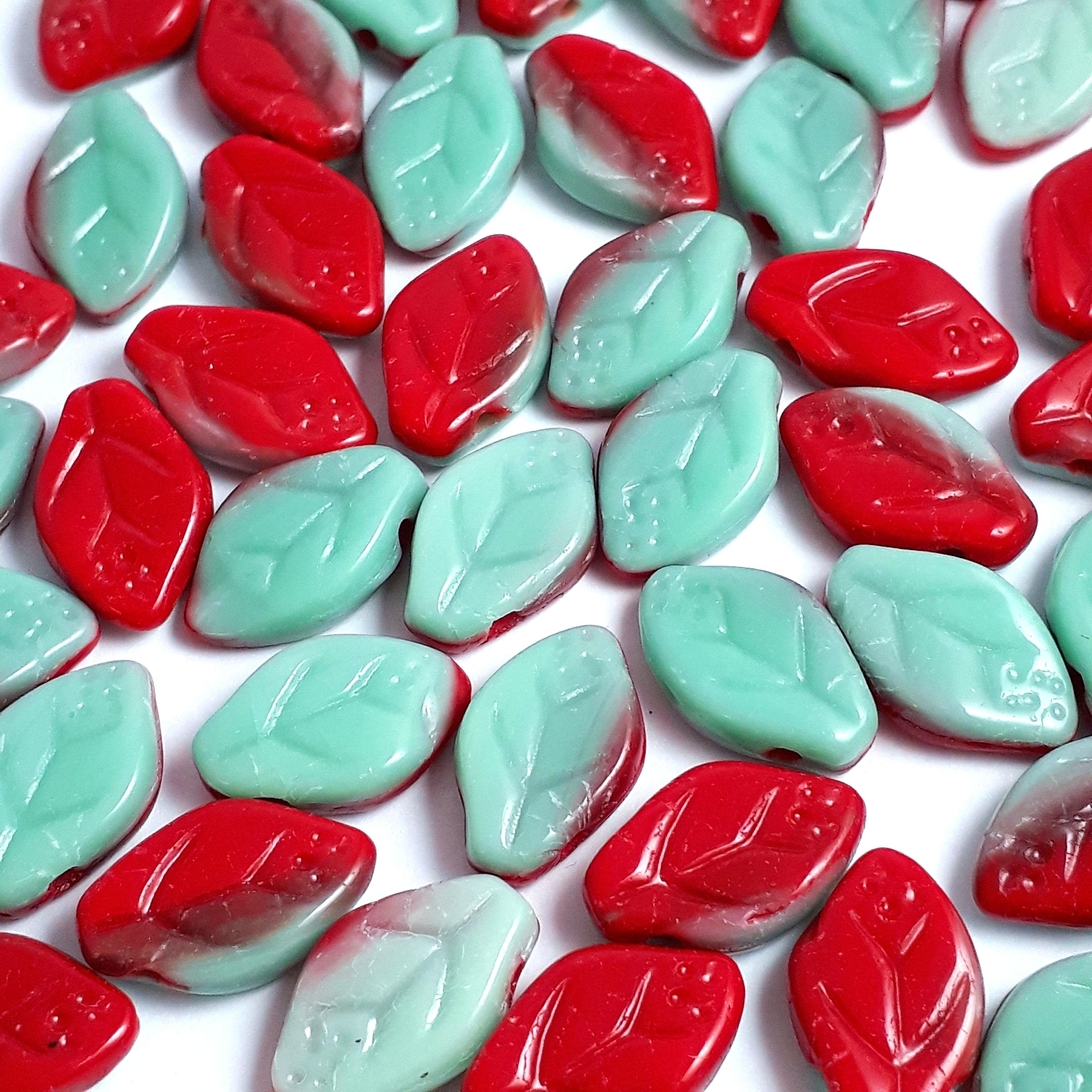 Turquoise & Red Czech Glass Leaf 12x7mm - 20pcs