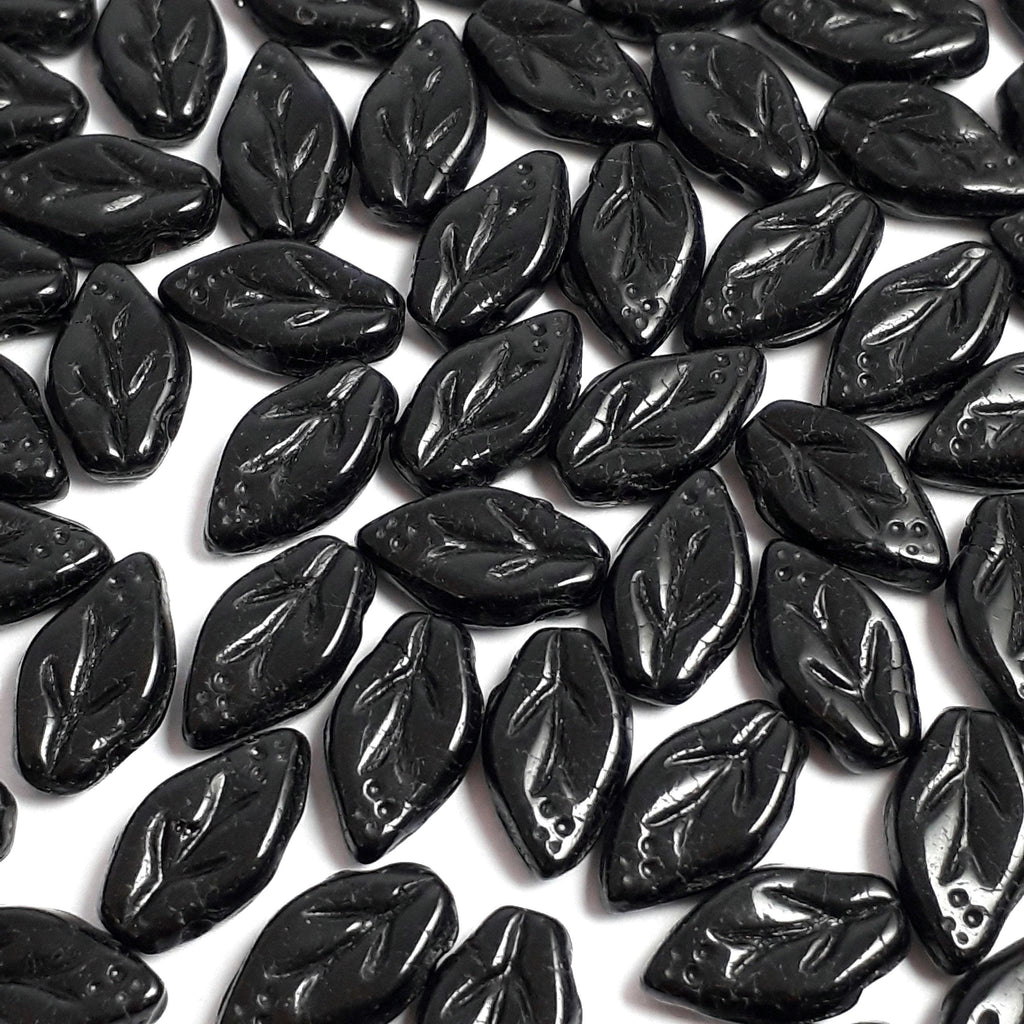 Opaque Black Czech Glass Leaf 10x6mm - 30pcs