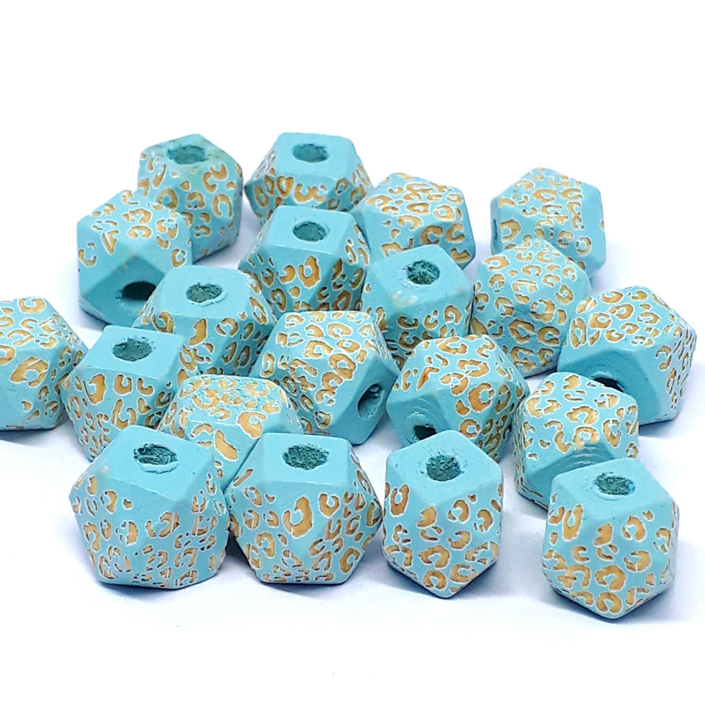 Turquoise Leopard Print Carved Wood Polygon 10x10mm - 5pcs