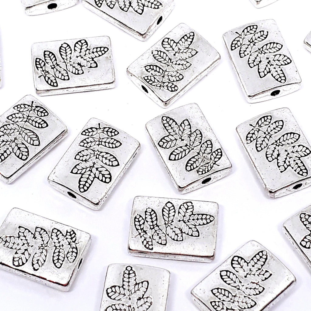 Flat Rectangle Silver Fern Leaf 13x9mm - 10pcs