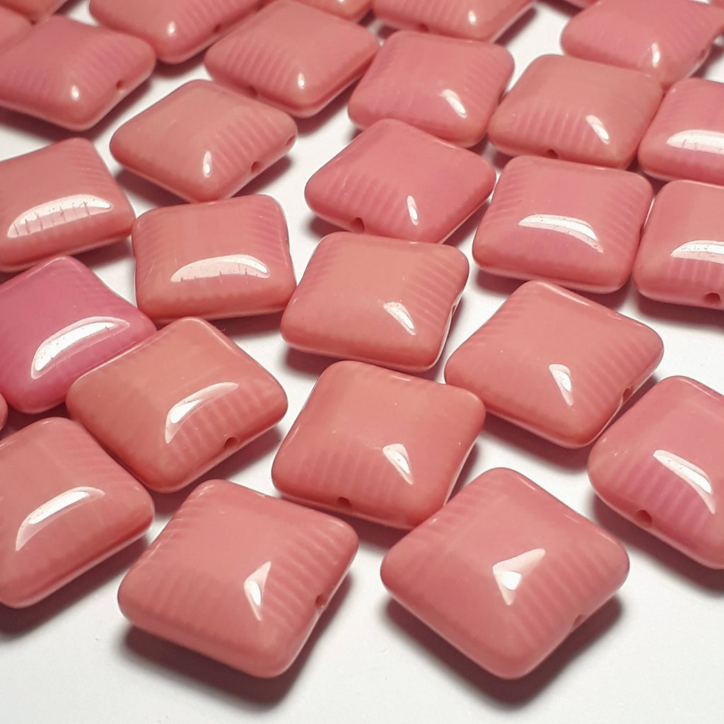 Pink Puffed Square Czech Glass 14mm - 6pcs