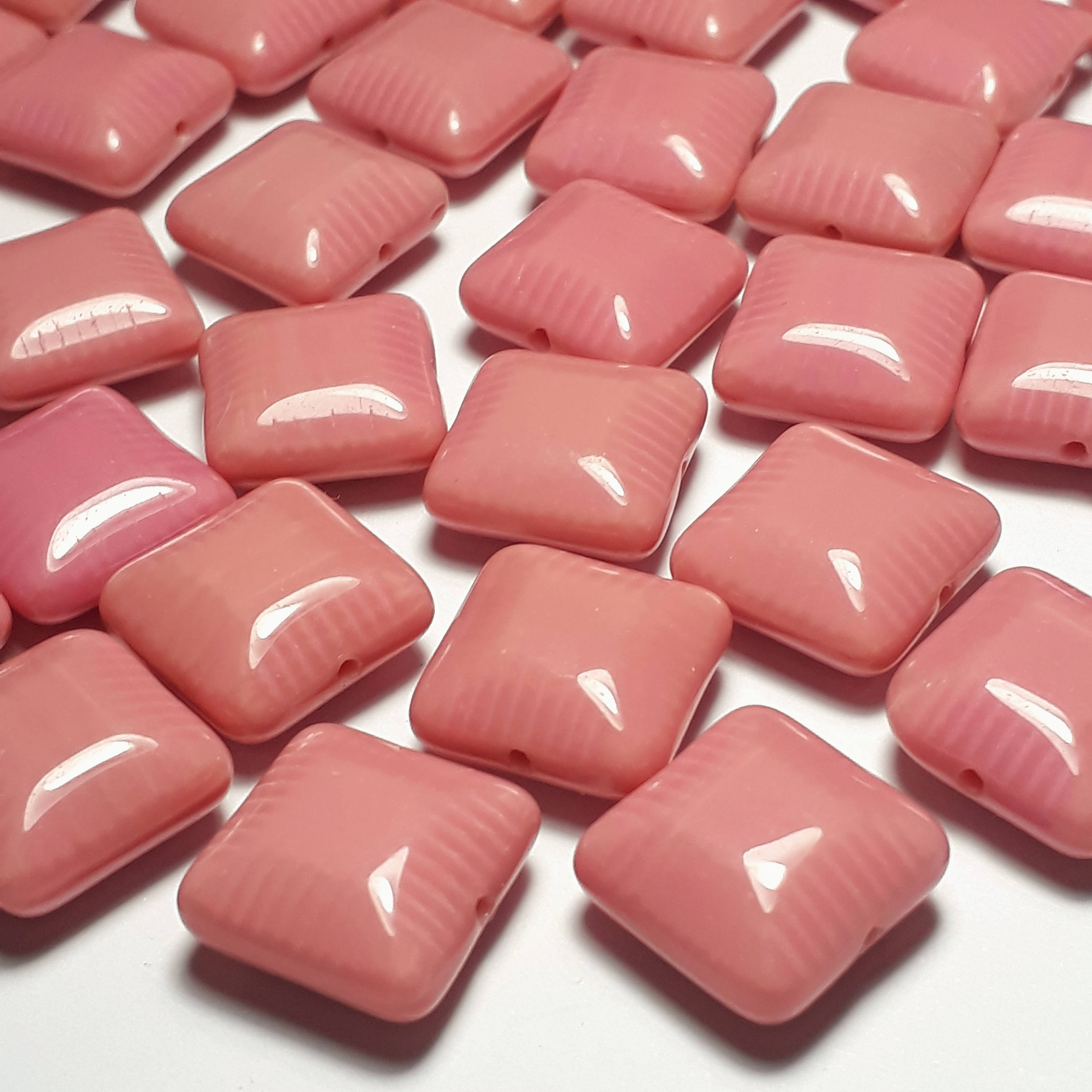 Pink Puffed Square Czech Glass 14mm - 6pcs