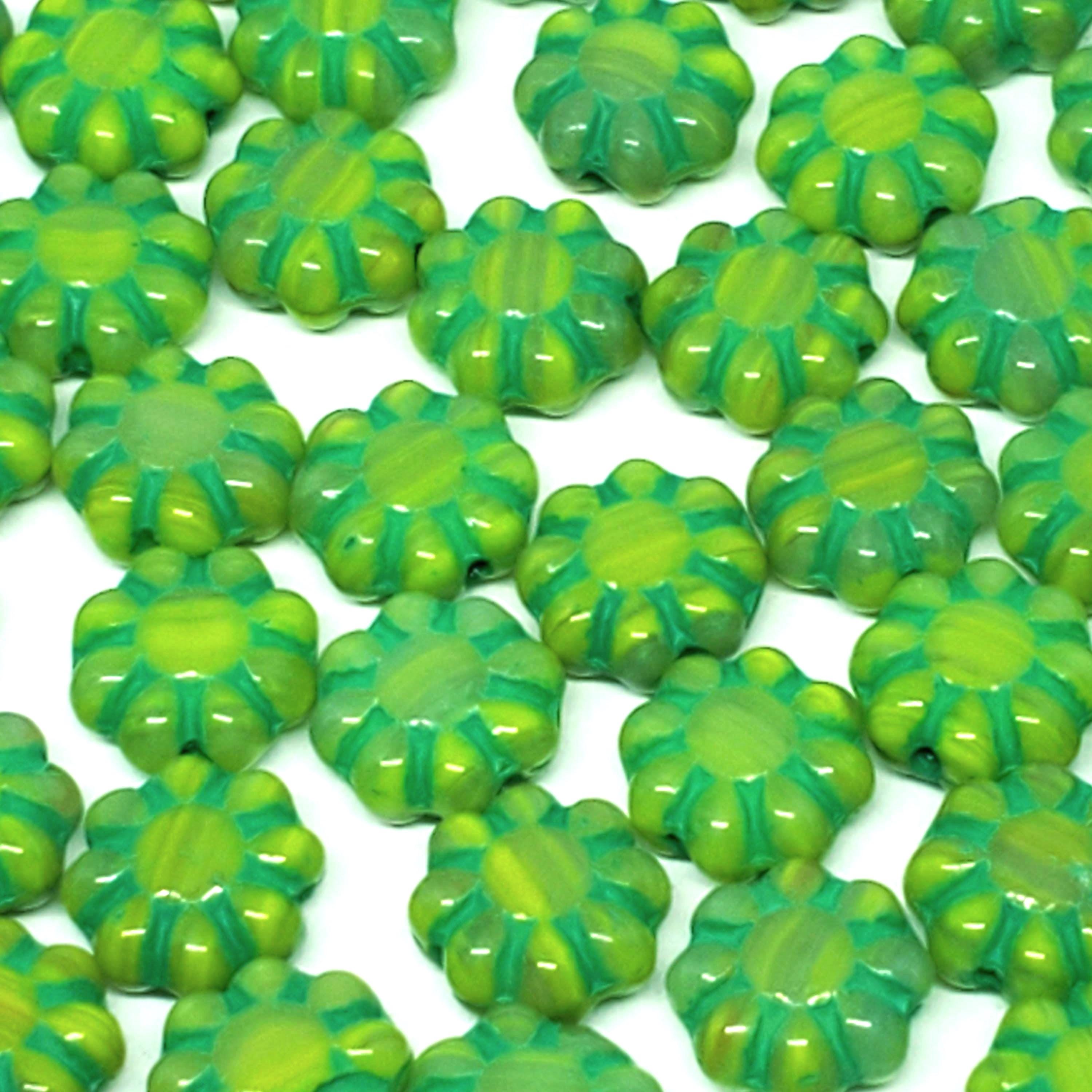 Yellow & Green Hawaiian Flower Czech Glass 9mm - 10pcs