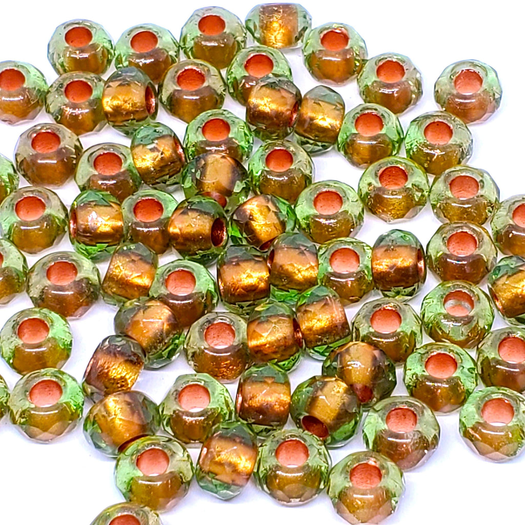 Green & Copper Lined Czech Glass Donut 9x6mm - 10pcs