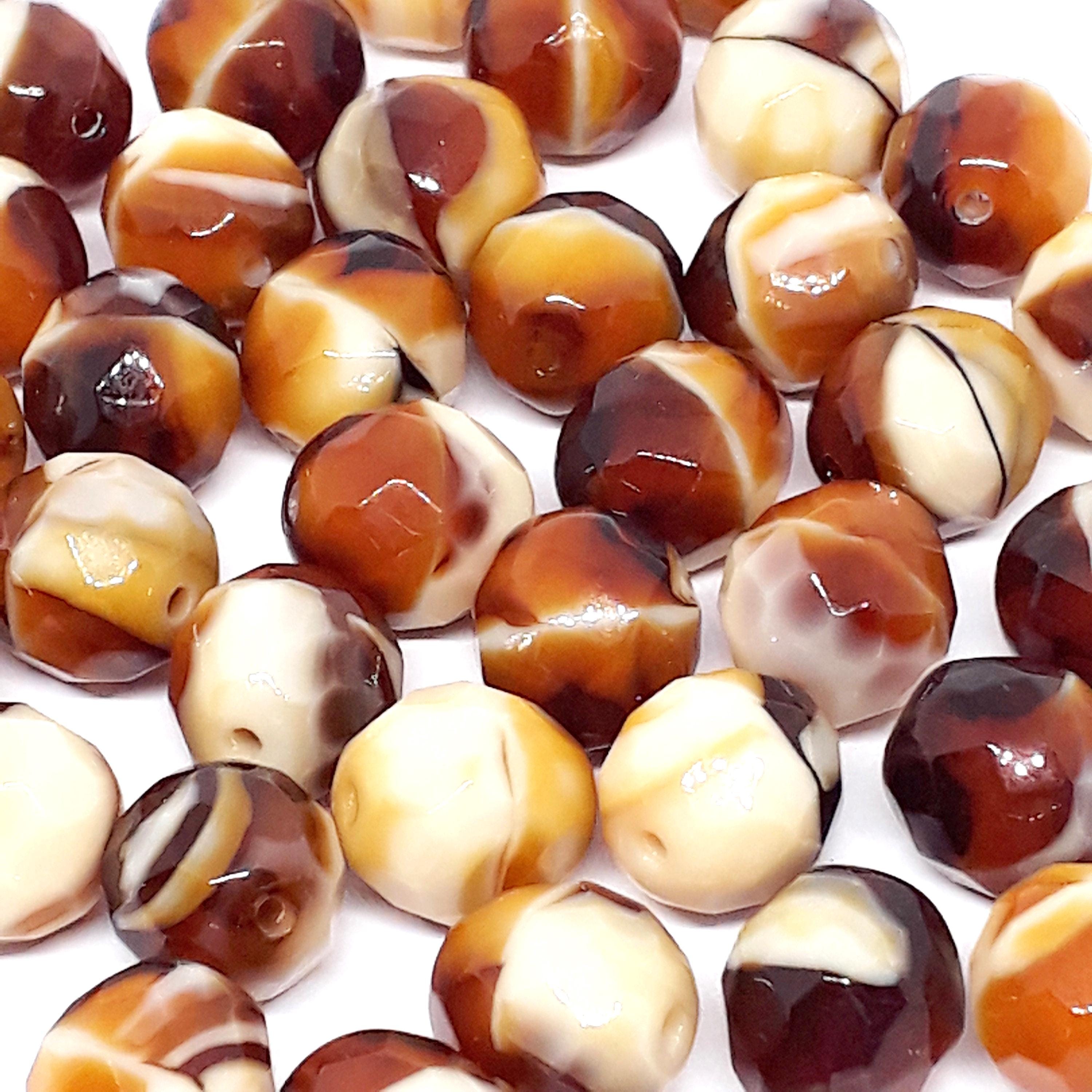 Brown & Beige Faceted Czech Glass Round 10x9mm - 6pcs