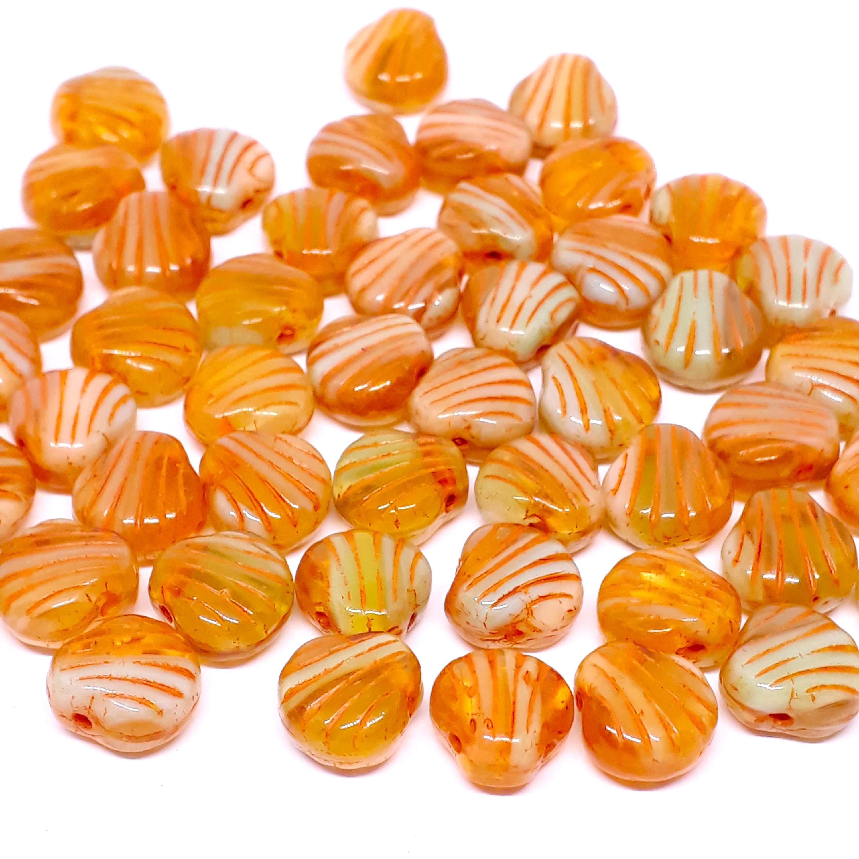 Topaz, Orange & Green Czech Glass Shell 9mm - 10pcs