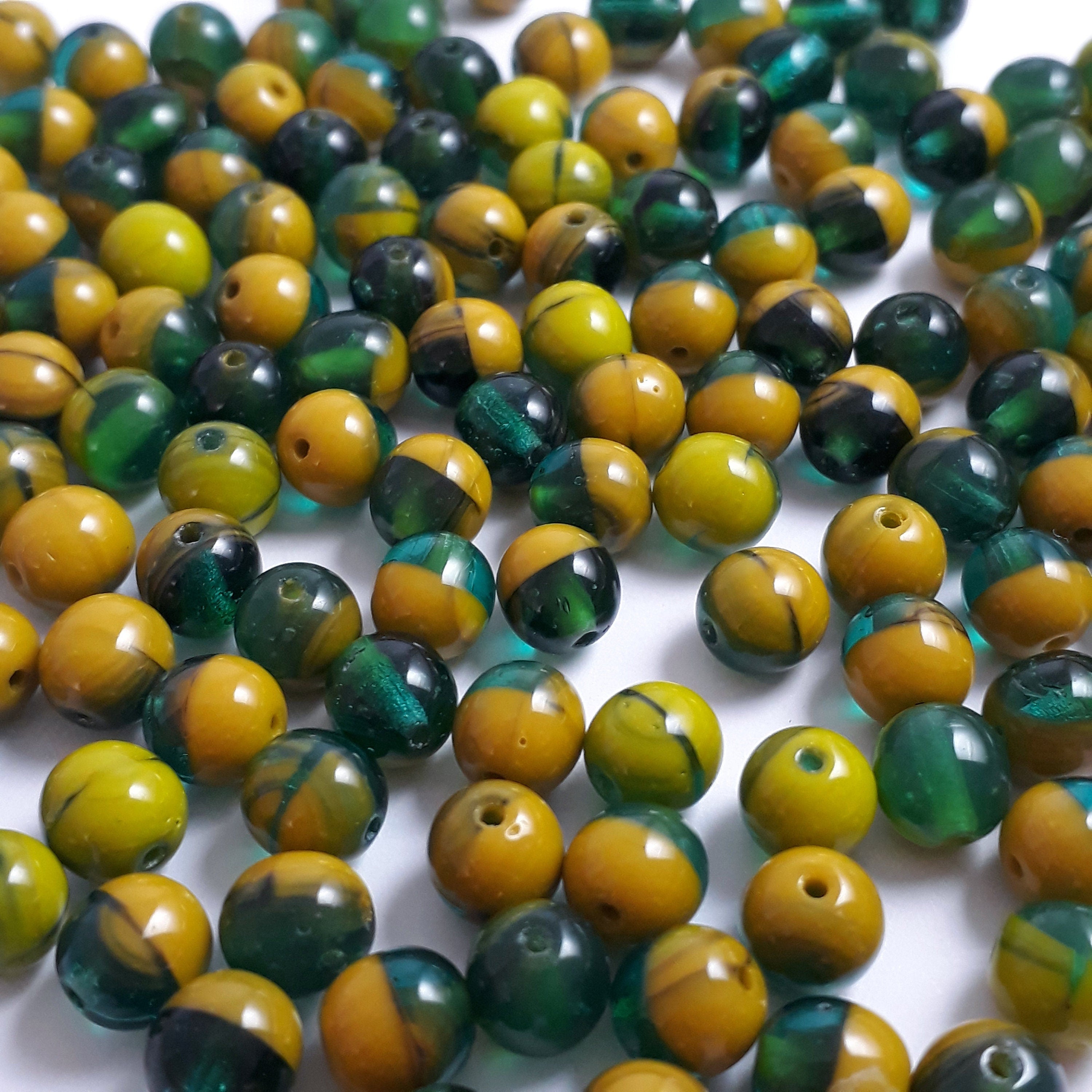 Dark Green, Orange & Yellow Czech Glass Round 6mm - 30pcs