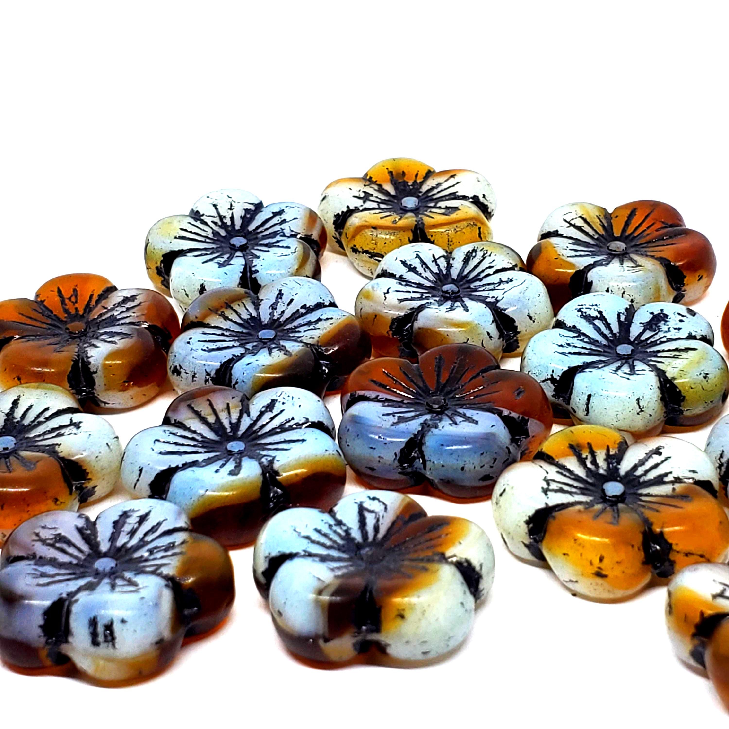 Big Hawaiian Flower Czech Glass Light Blue/Brown 22mm - 6pcs