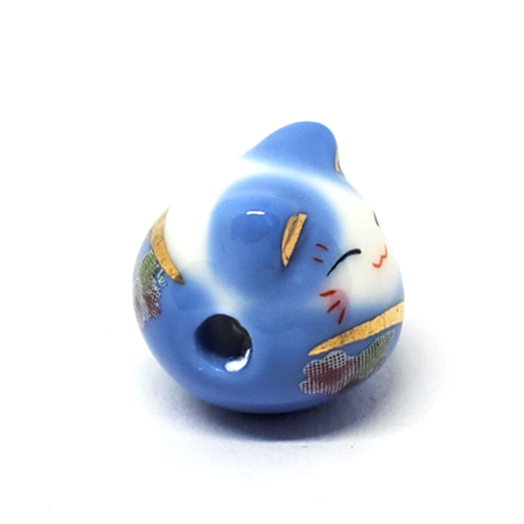 Chinese Cat Ceramic White & Blue 15x14mm - 1pc