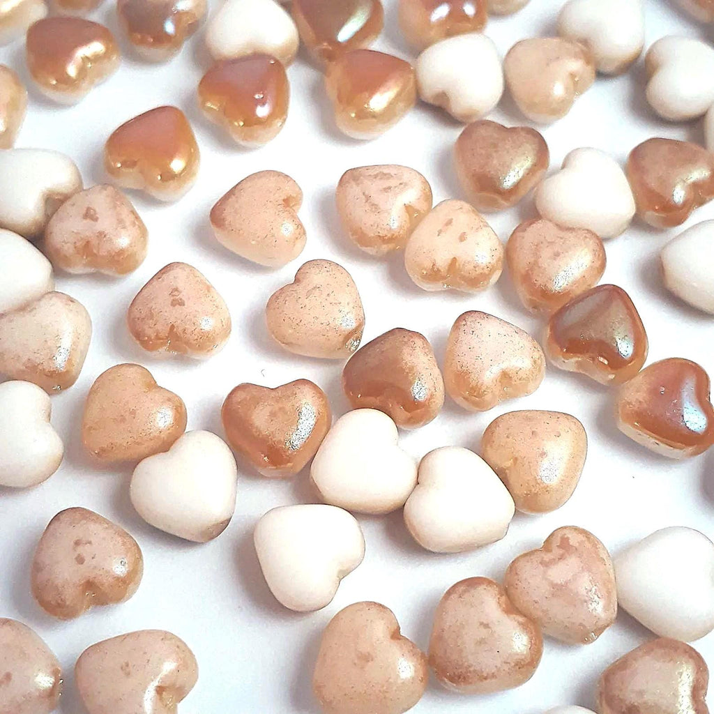 White & Metallic Brown AB Czech Glass Heart 6mm - 30pcs