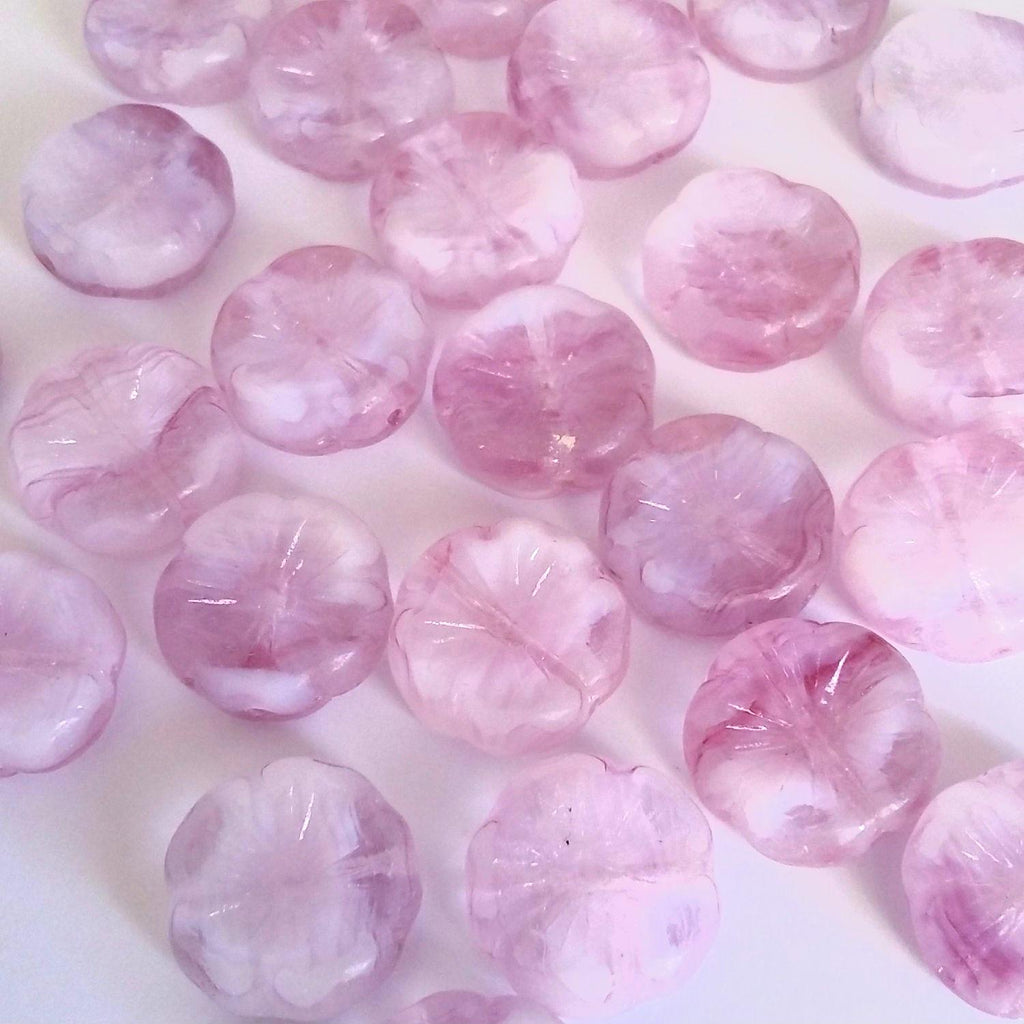 Light Amethyst & White Hawaiian Flower Czech Glass 14mm - 6pcs