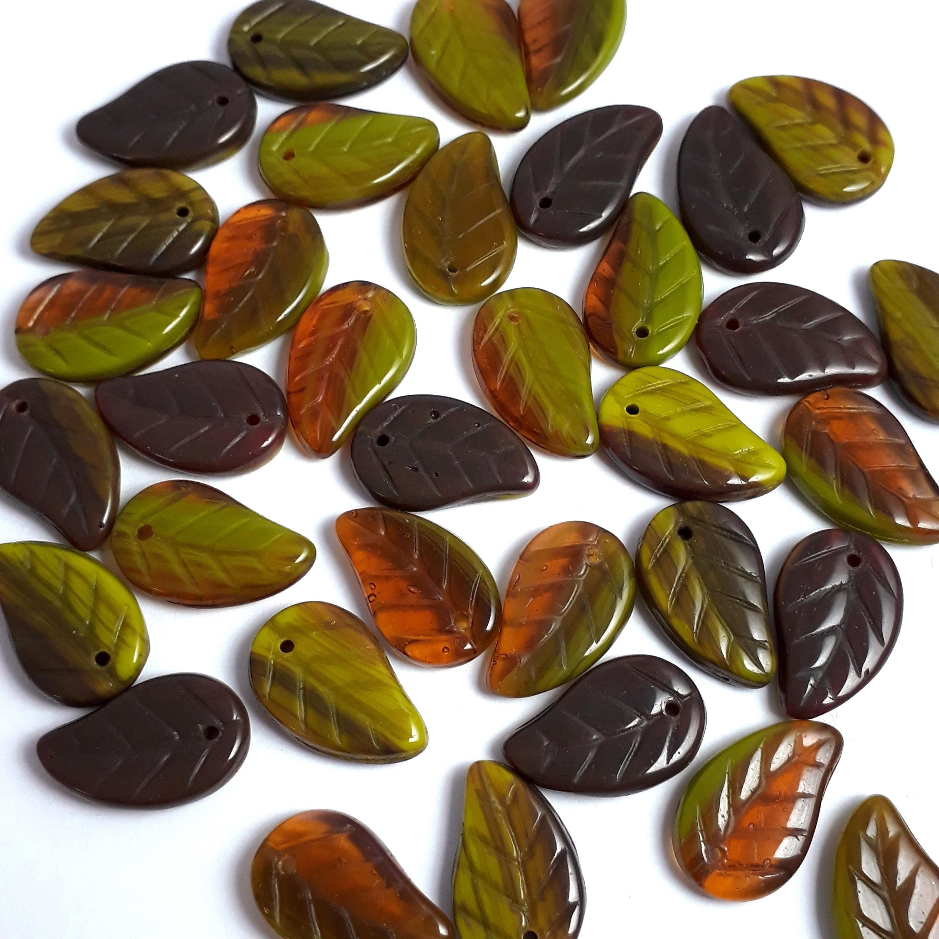Green & Brown Czech Glass Leaf 14x9mm - 10pcs