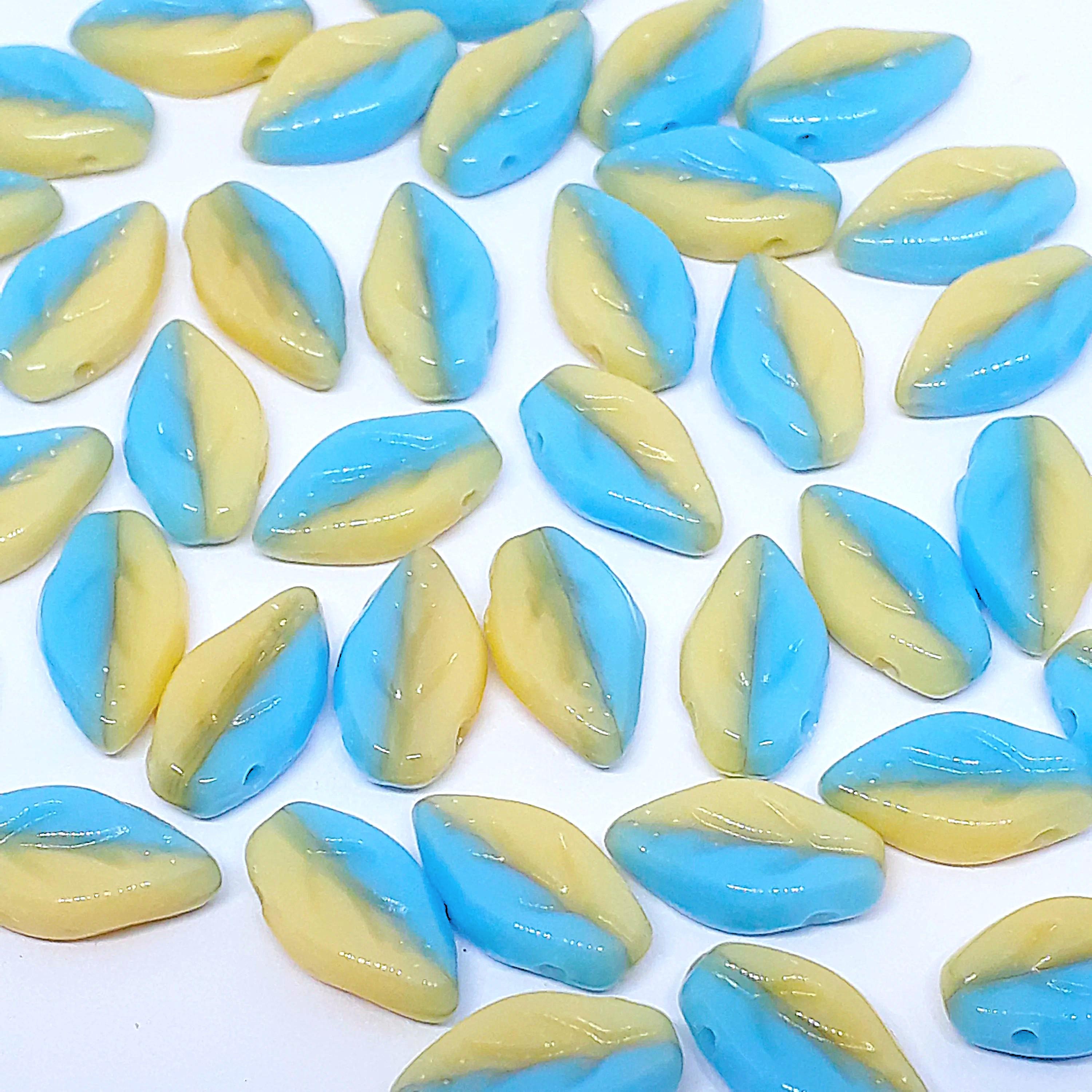 Blue & Cream Czech Glass Leaf 10x6mm - 30pcs