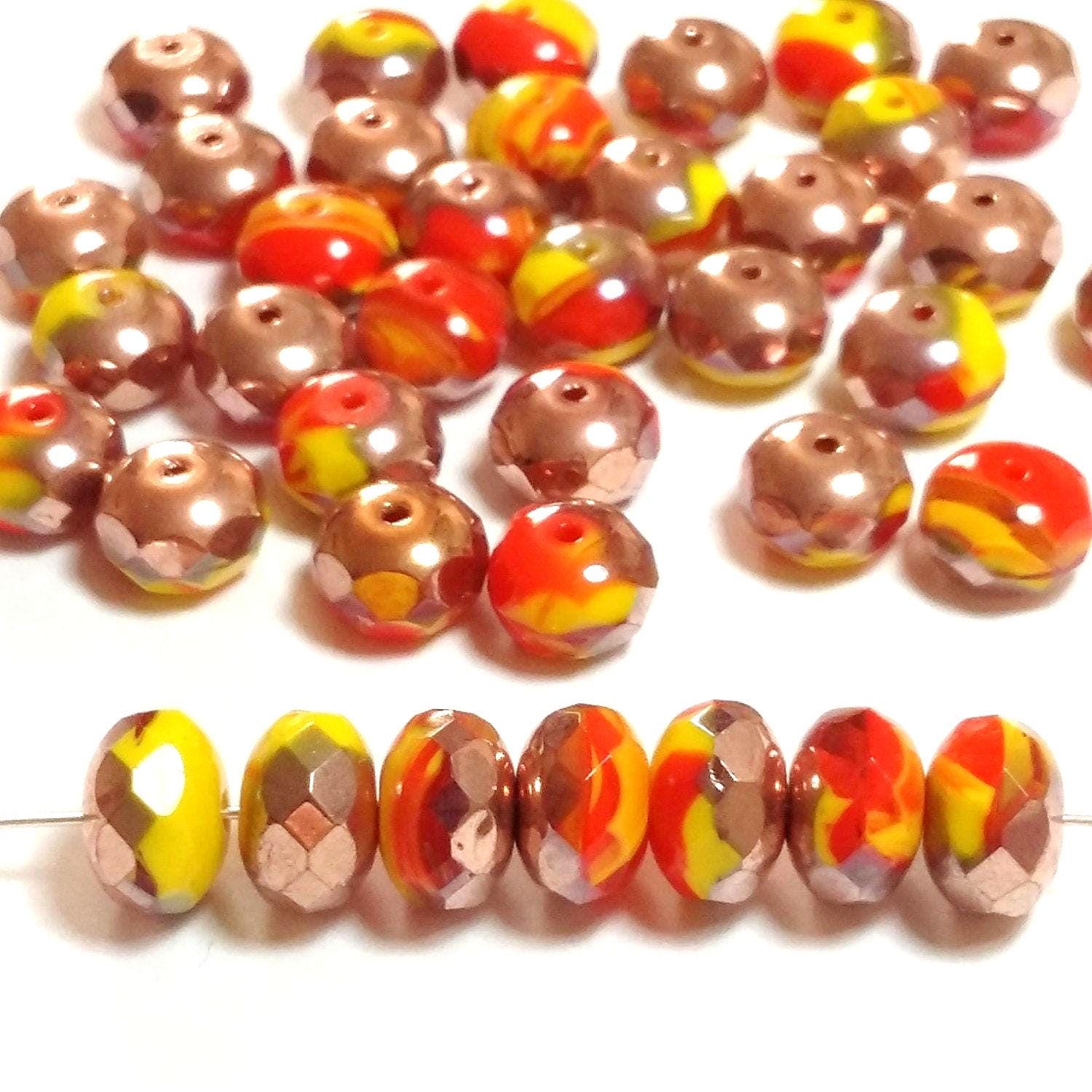 Red Yellow & Bronze Rondelle Czech Glass 11x7mm - 6pcs