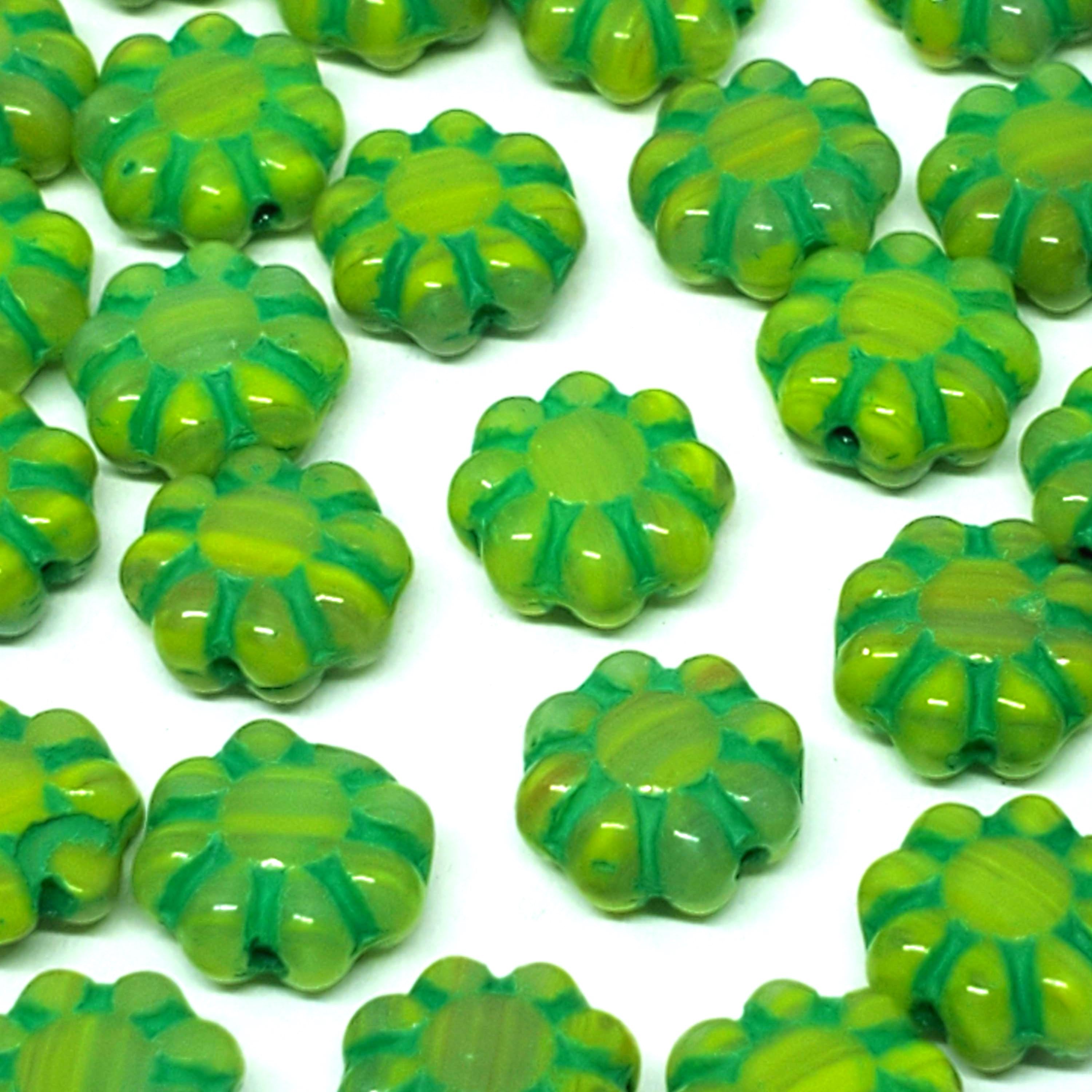 Yellow & Green Hawaiian Flower Czech Glass 9mm - 10pcs