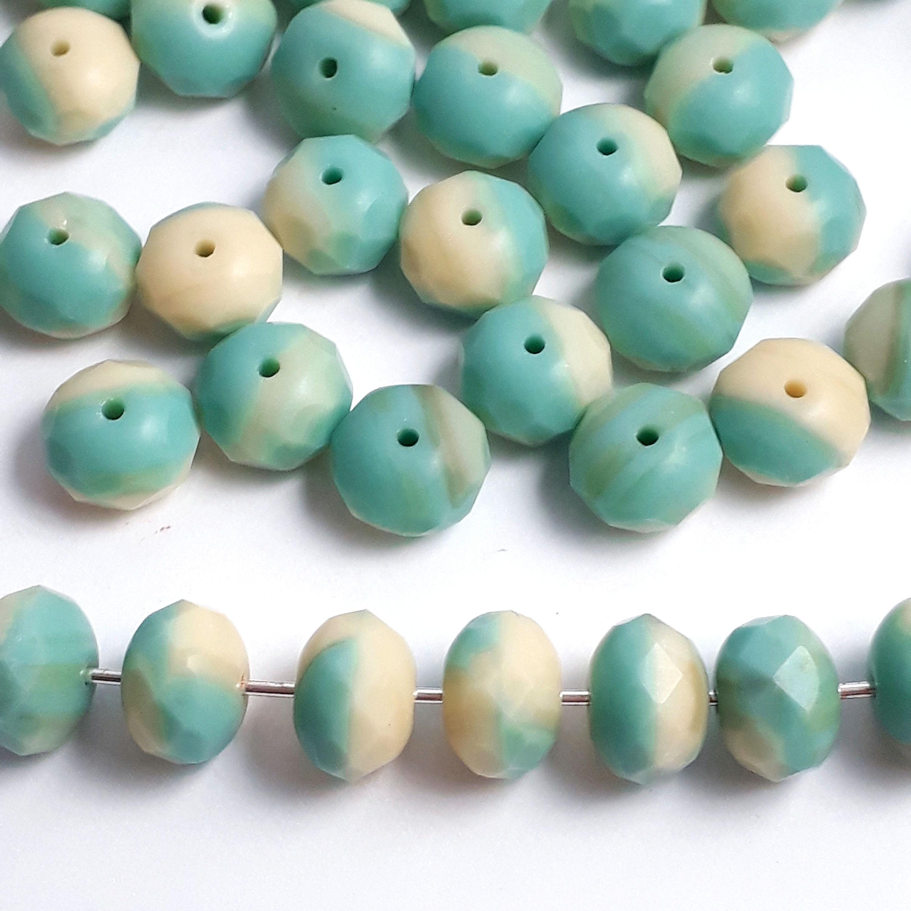 Matte Turquoise & Cream Czech Glass Rondelle 9x6mm - 10pcs