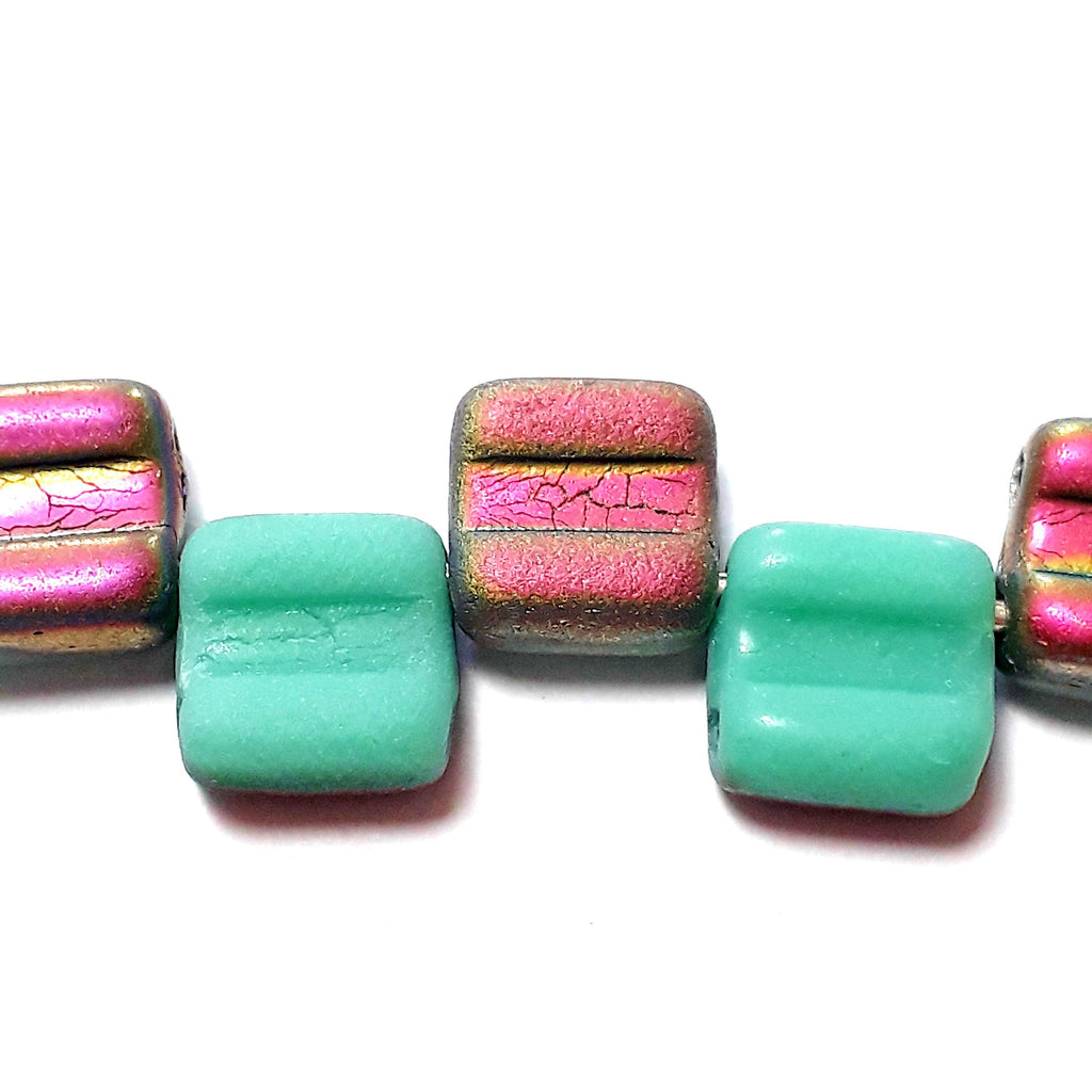 2-Hole Matte Turquoise & Metallic Gold/Pink Czech Glass Square 6mm - 20pcs