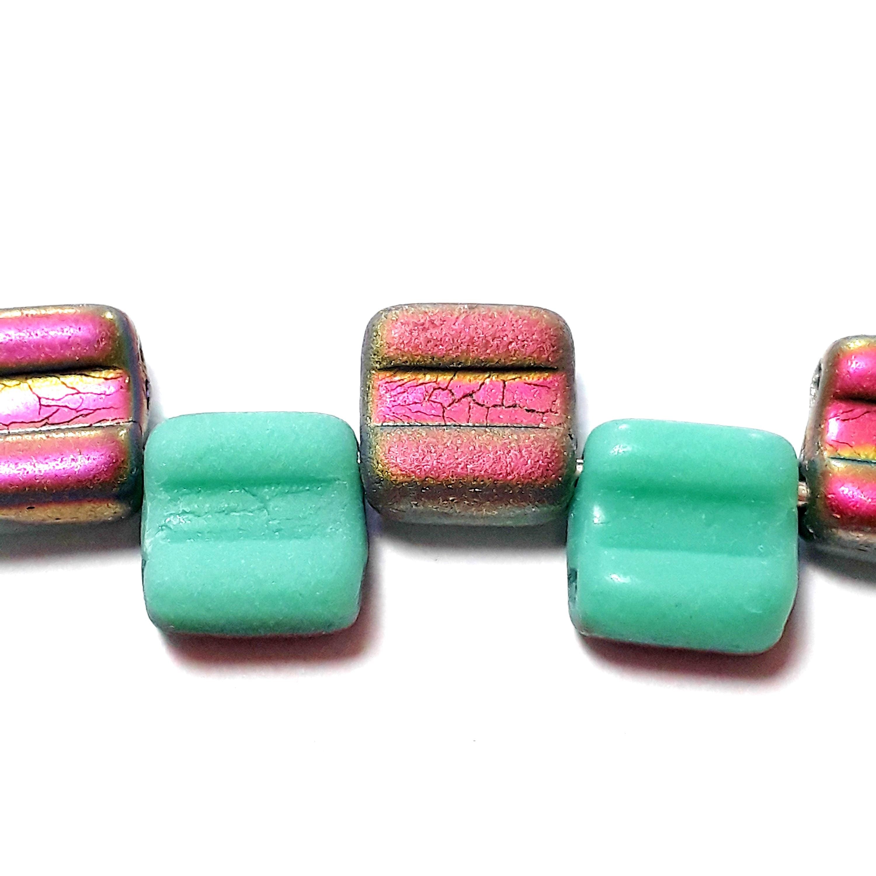 2-Hole Matte Turquoise & Metallic Gold/Pink Czech Glass Square 6mm - 20pcs