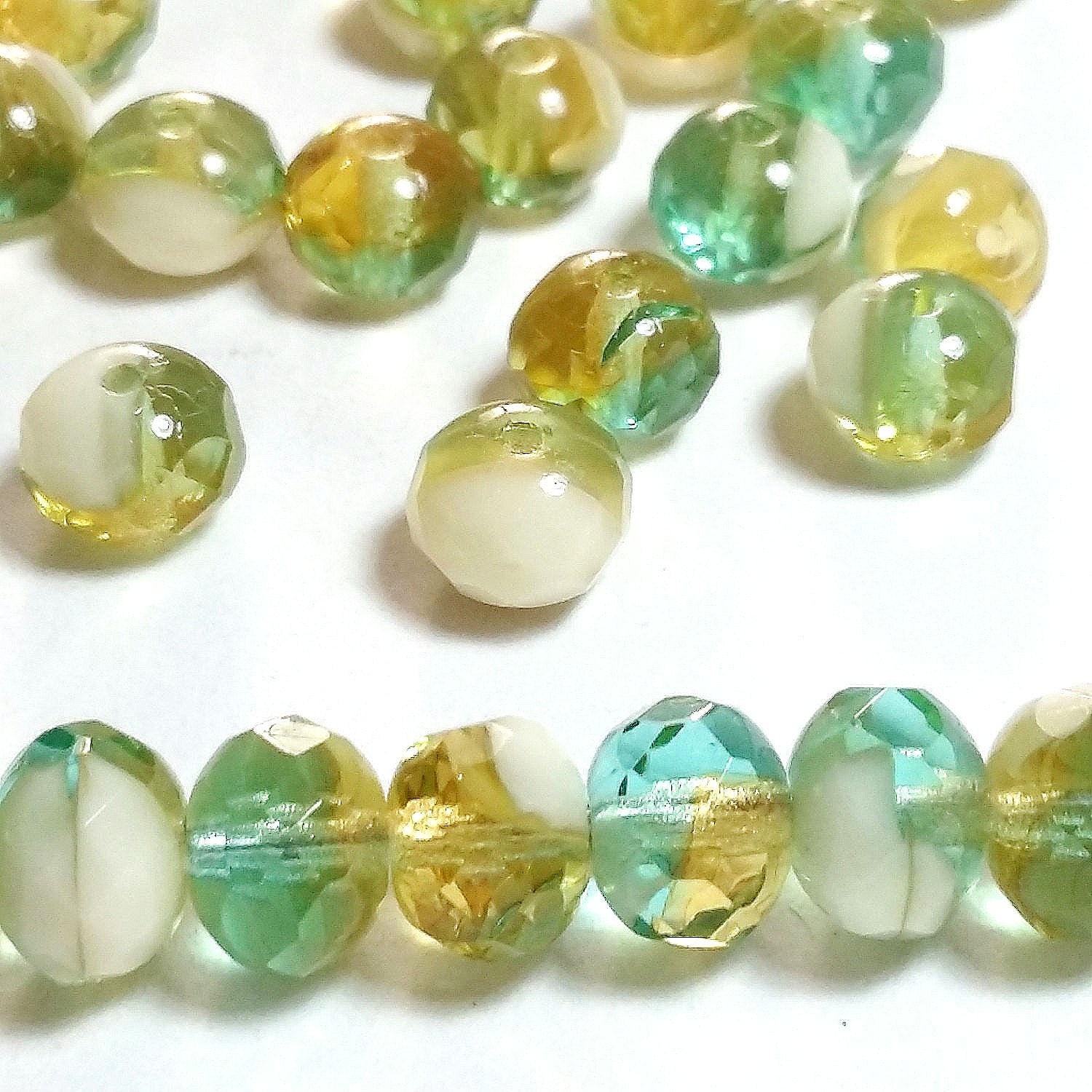 Amber, Green & Cream Czech Glass 7x5mm - 20pcs