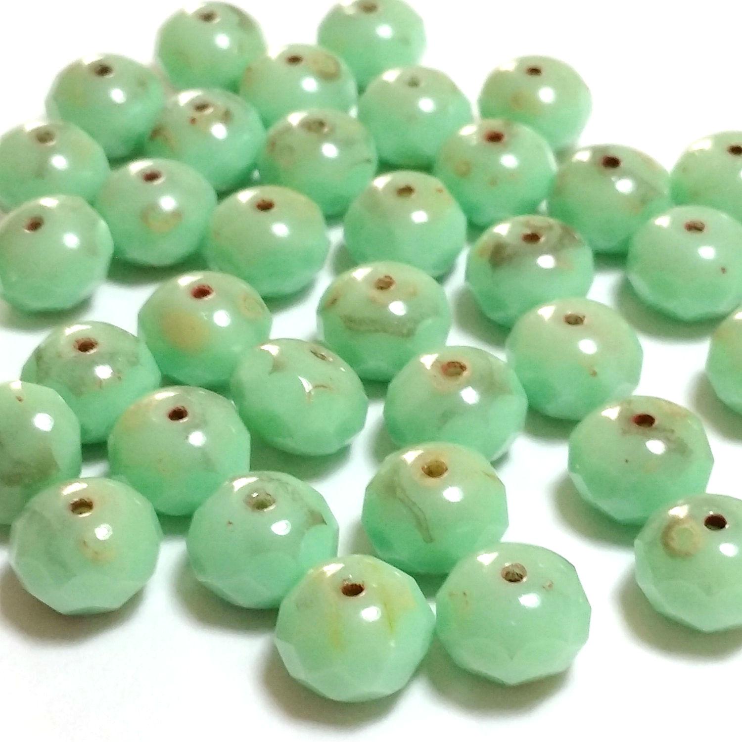 Mint Green Picasso Czech Glass Faceted Rondelle 9x6mm - 6pcs