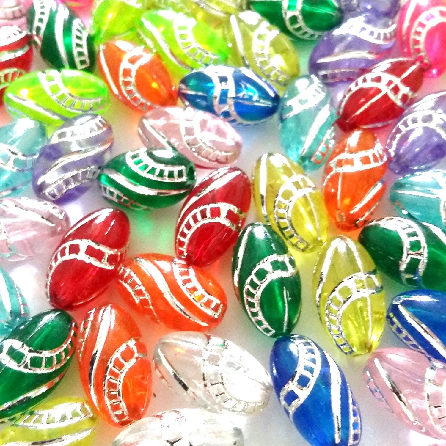 Mixed Colour Silver Etched Oval Acrylic 13x7mm - 50pcs