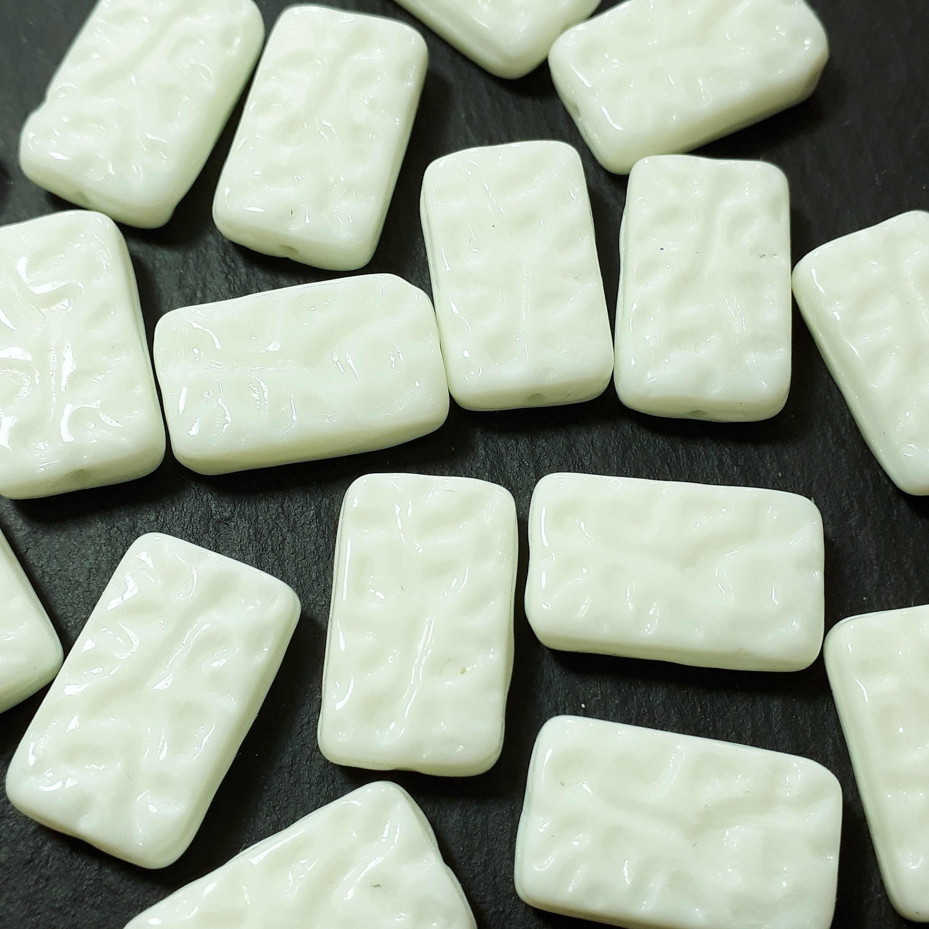 Light Green Carved Rectangle Czech Glass 18x11mm - 6pcs