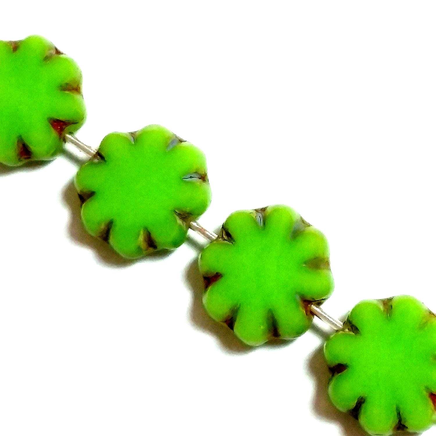 Lime Green Table Cut Czech Glass Flower 9mm - 6pcs
