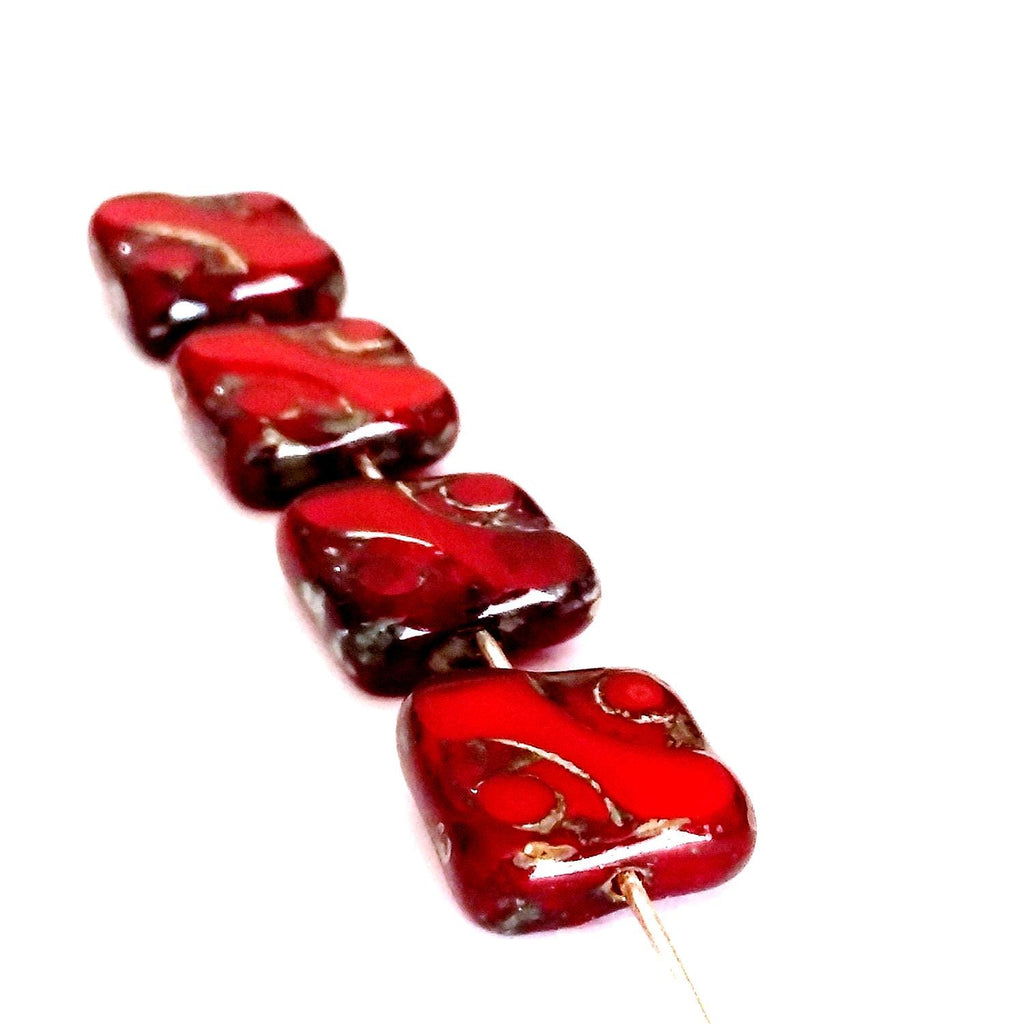 Red Picasso Table Cut Czech Glass Square 10mm - 6pcs