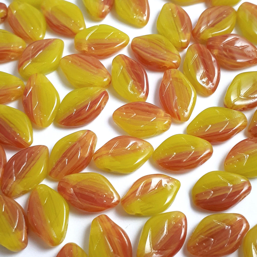 Greenish Yellow & Orange Czech Glass Leaf 12x7mm - 20pcs