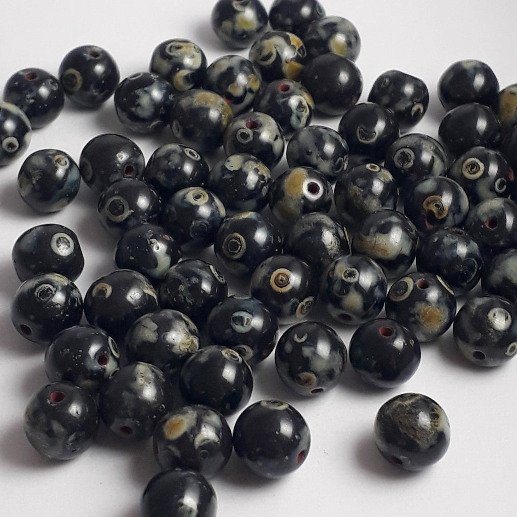 Black, Ochre & Green Picasso Czech Glass Round 7mm - 30pcs