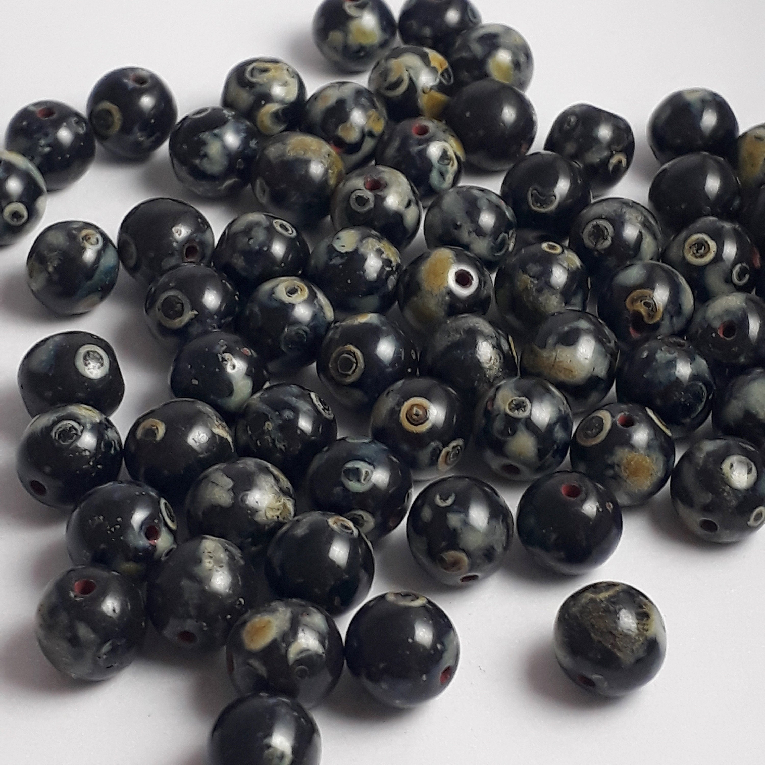 Black, Ochre & Green Picasso Czech Glass Round 7mm - 30pcs