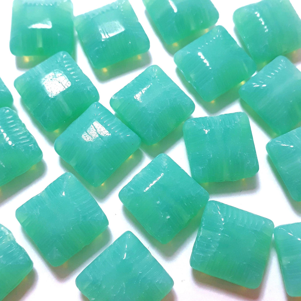 Turquoise Puffed Square Czech Glass 14mm - 6pcs