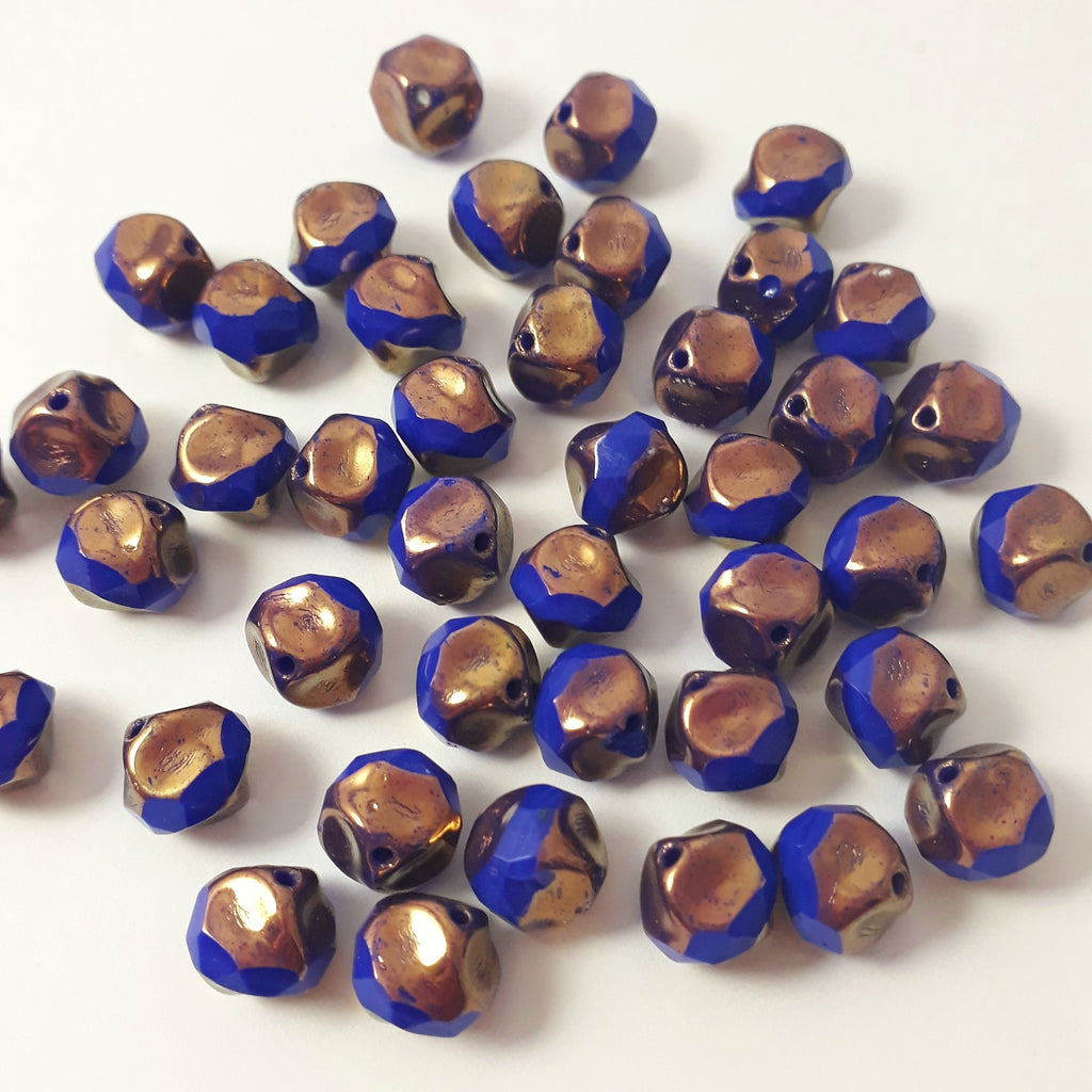 Blue & Copper Faceted Round Czech Glass 9x8mm - 6pcs