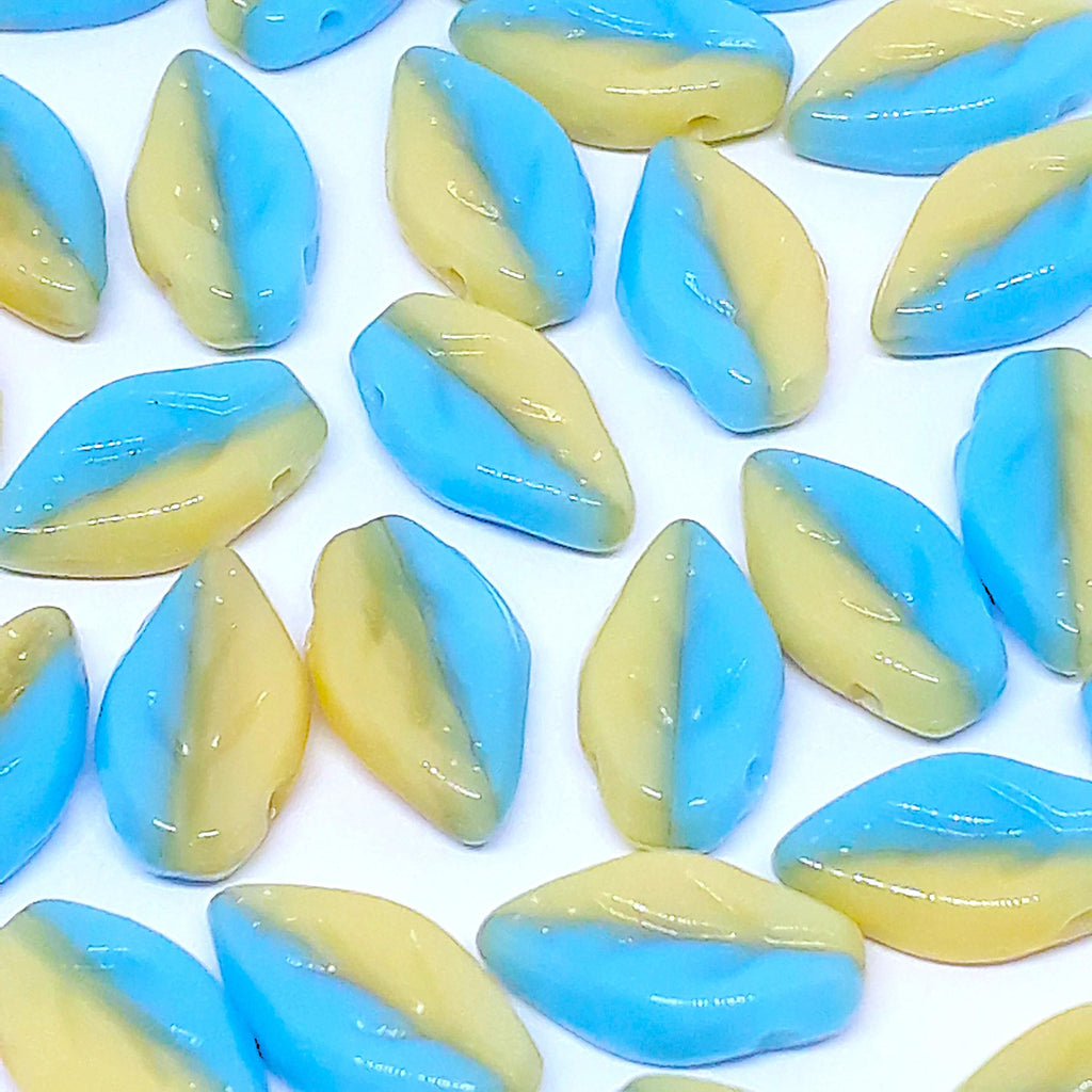 Blue & Cream Czech Glass Leaf 10x6mm - 30pcs