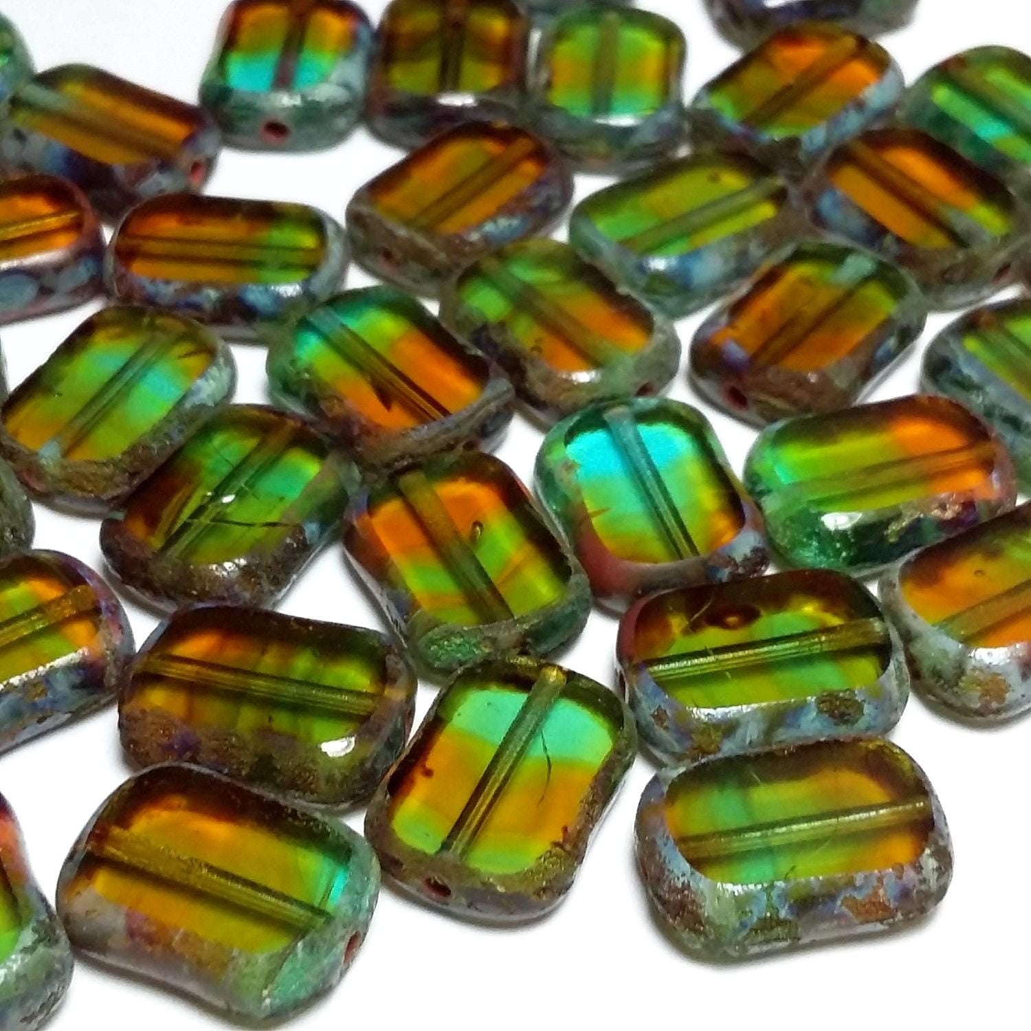 Brown & Green Table Cut Czech Glass Flat Rectangle 12x9mm - 6pcs