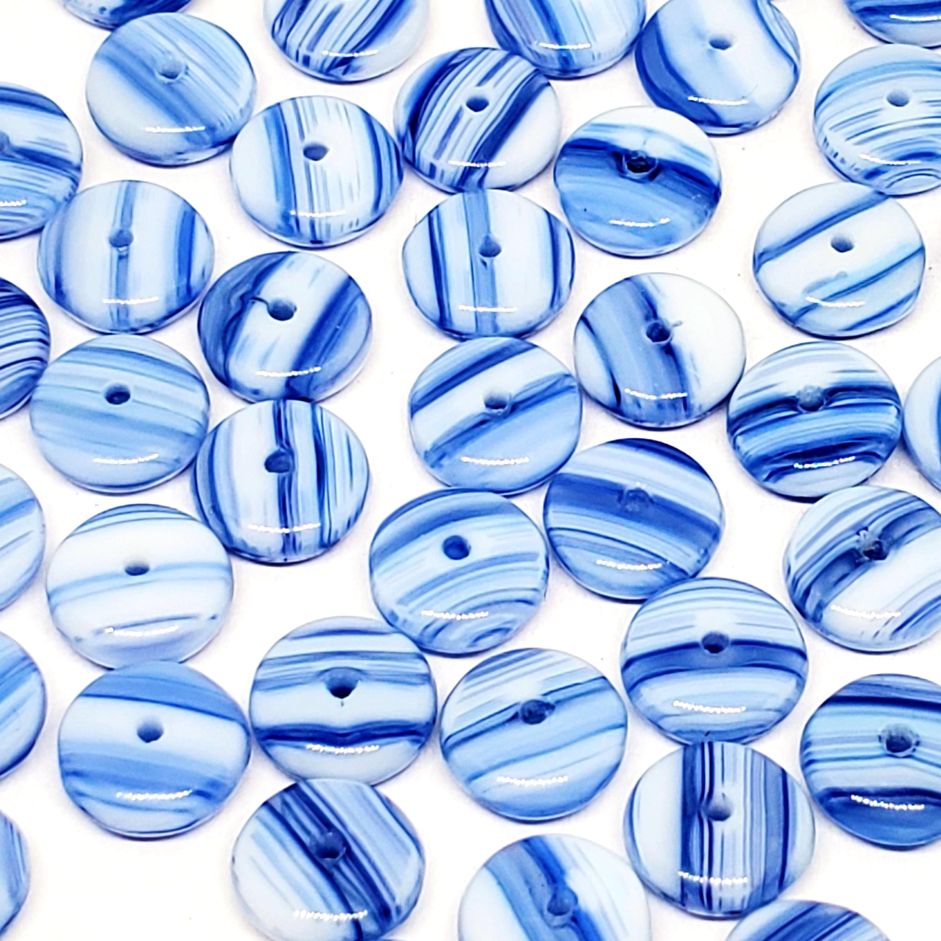 White & Blue Striped Czech Glass Druk Disc 8mm - 30pcs