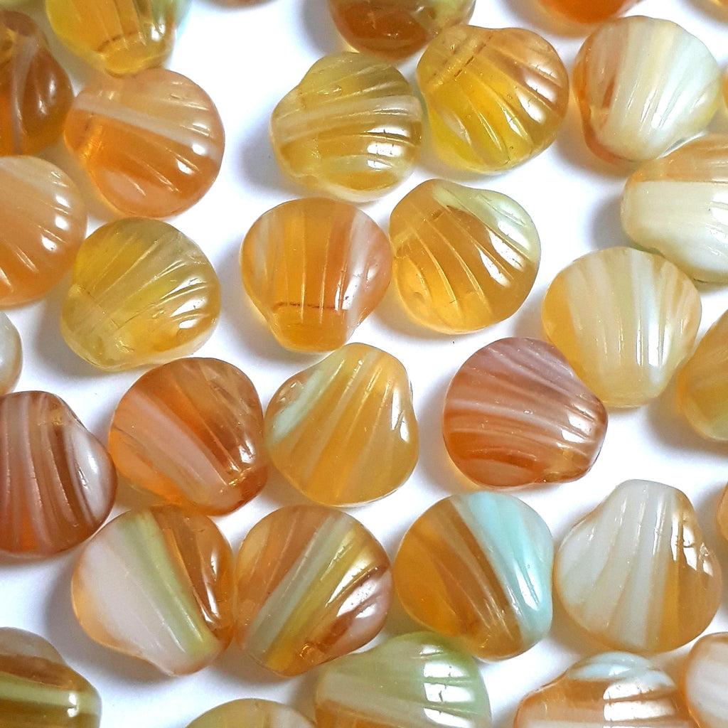 Amber, Green & Cream Shell Czech Glass 9mm - 10pcs
