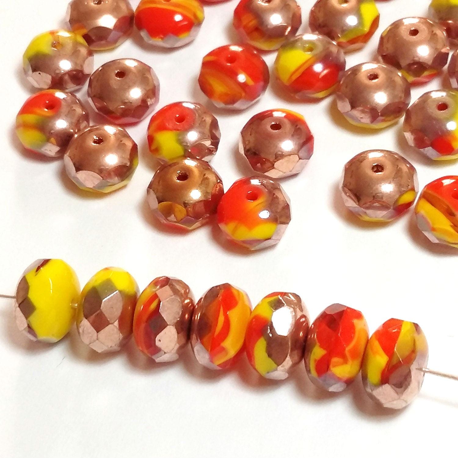 Red Yellow & Bronze Rondelle Czech Glass 11x7mm - 6pcs
