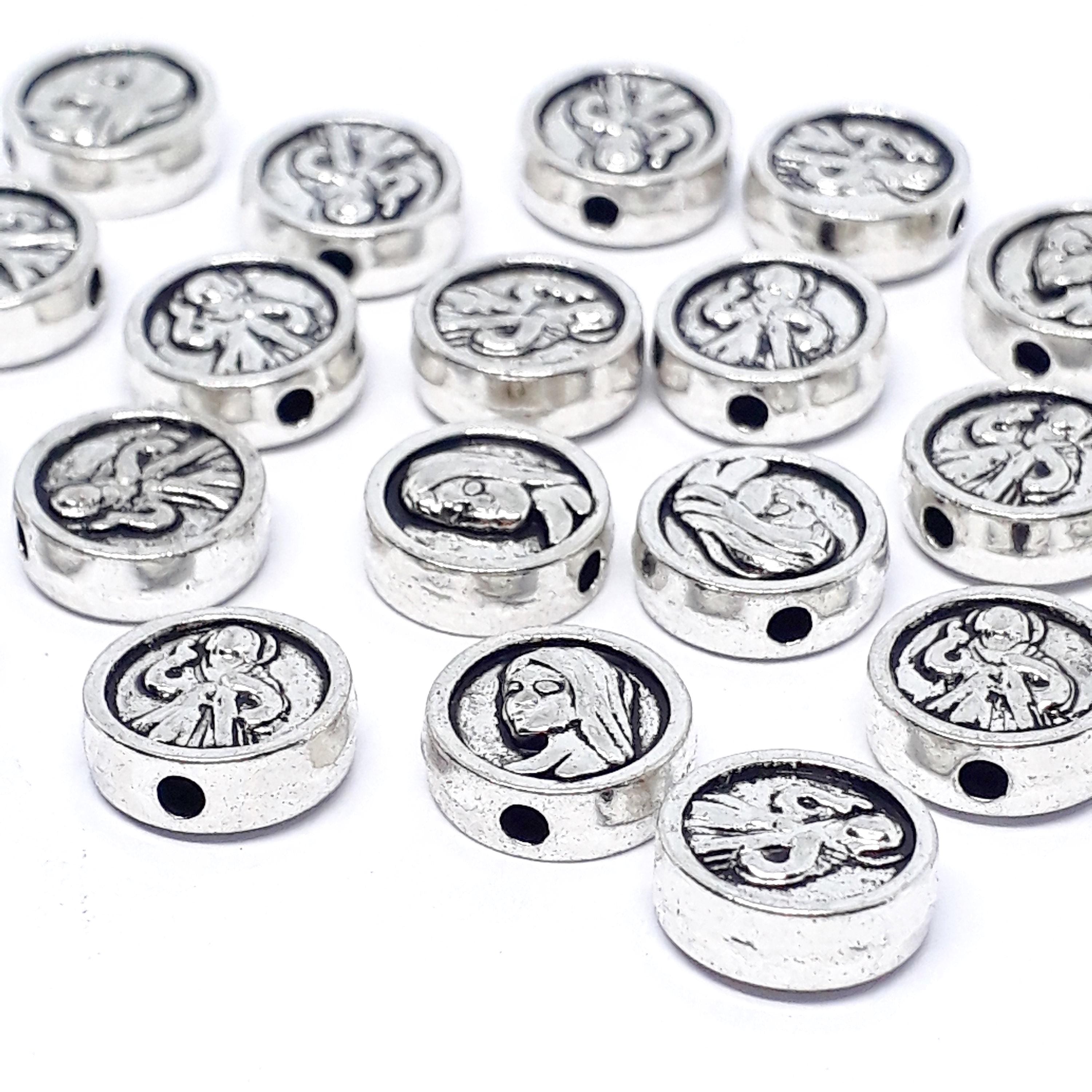 Virgin Mary Flat Round Antique Silver 9mm - 10pcs